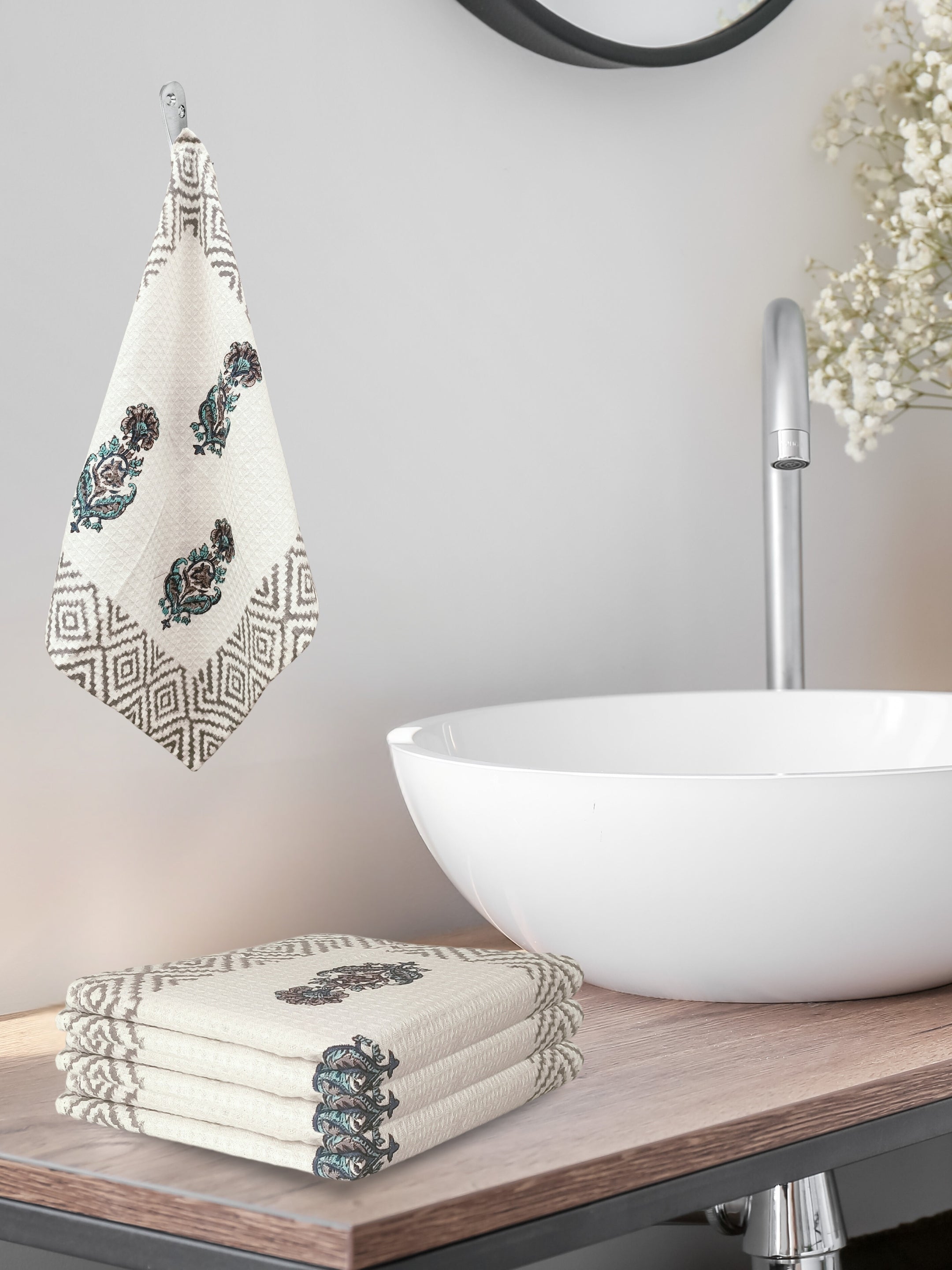 LIVING ROOTS Hand Block Printed 4 Pcs Hand Towel Waffle Cotton Soft & Absorbent | 210 GSM | Blue | ( HANDTOWEL-03-4PC )