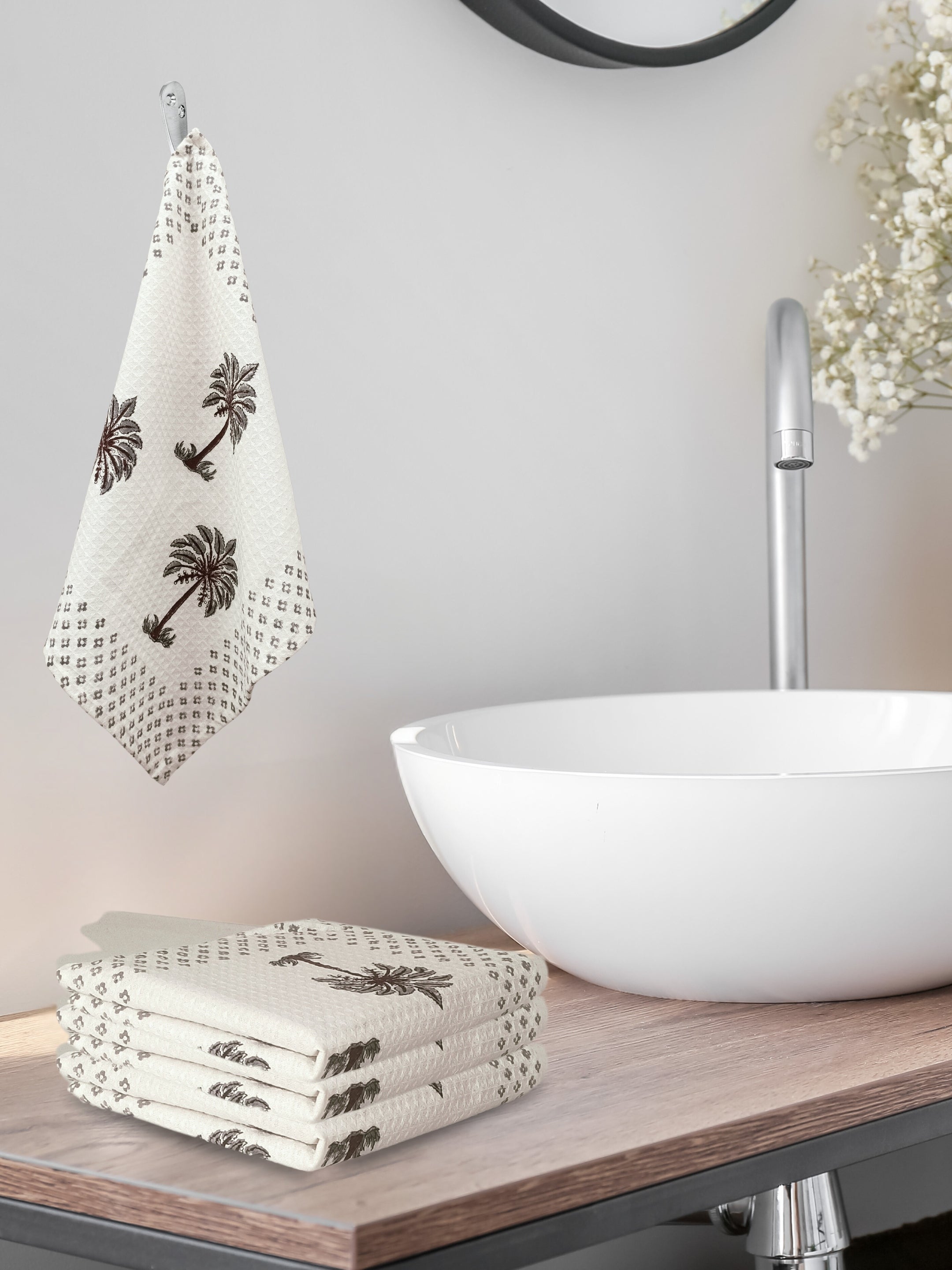 LIVING ROOTS Hand Block Printed 4 Pcs Hand Towel Waffle Cotton Soft & Absorbent | 210 GSM | Grey | ( HANDTOWEL-04-4PC )