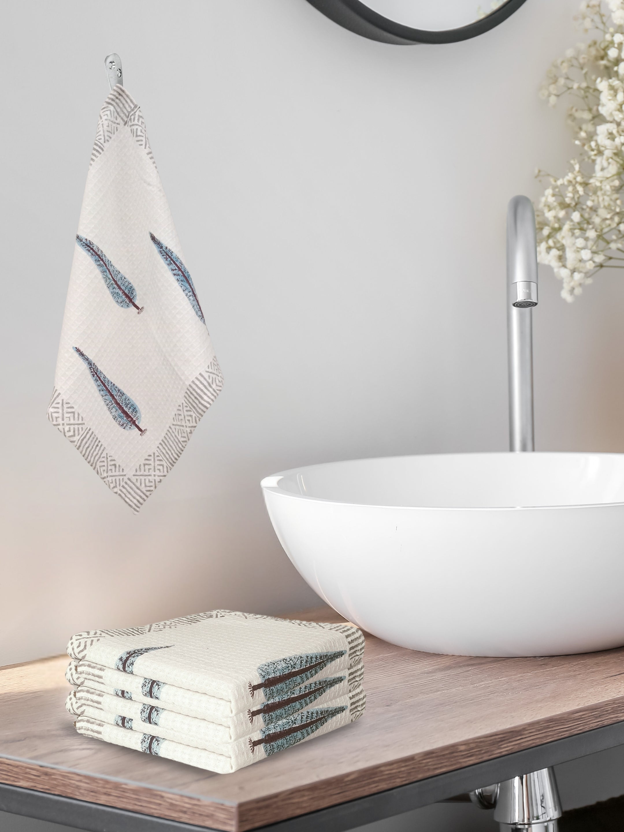 LIVING ROOTS Hand Block Printed 4 Pcs Hand Towel Waffle Cotton Soft & Absorbent | 210 GSM | White | ( HANDTOWEL-05-4PC )