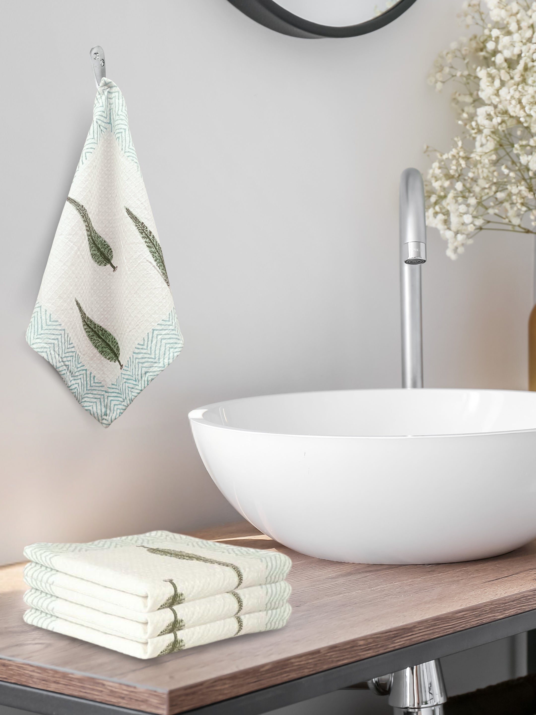 LIVING ROOTS Hand Block Printed 4 Pcs Hand Towel Waffle Cotton Soft & Absorbent | 210 GSM | White | ( HANDTOWEL-06-4PC )