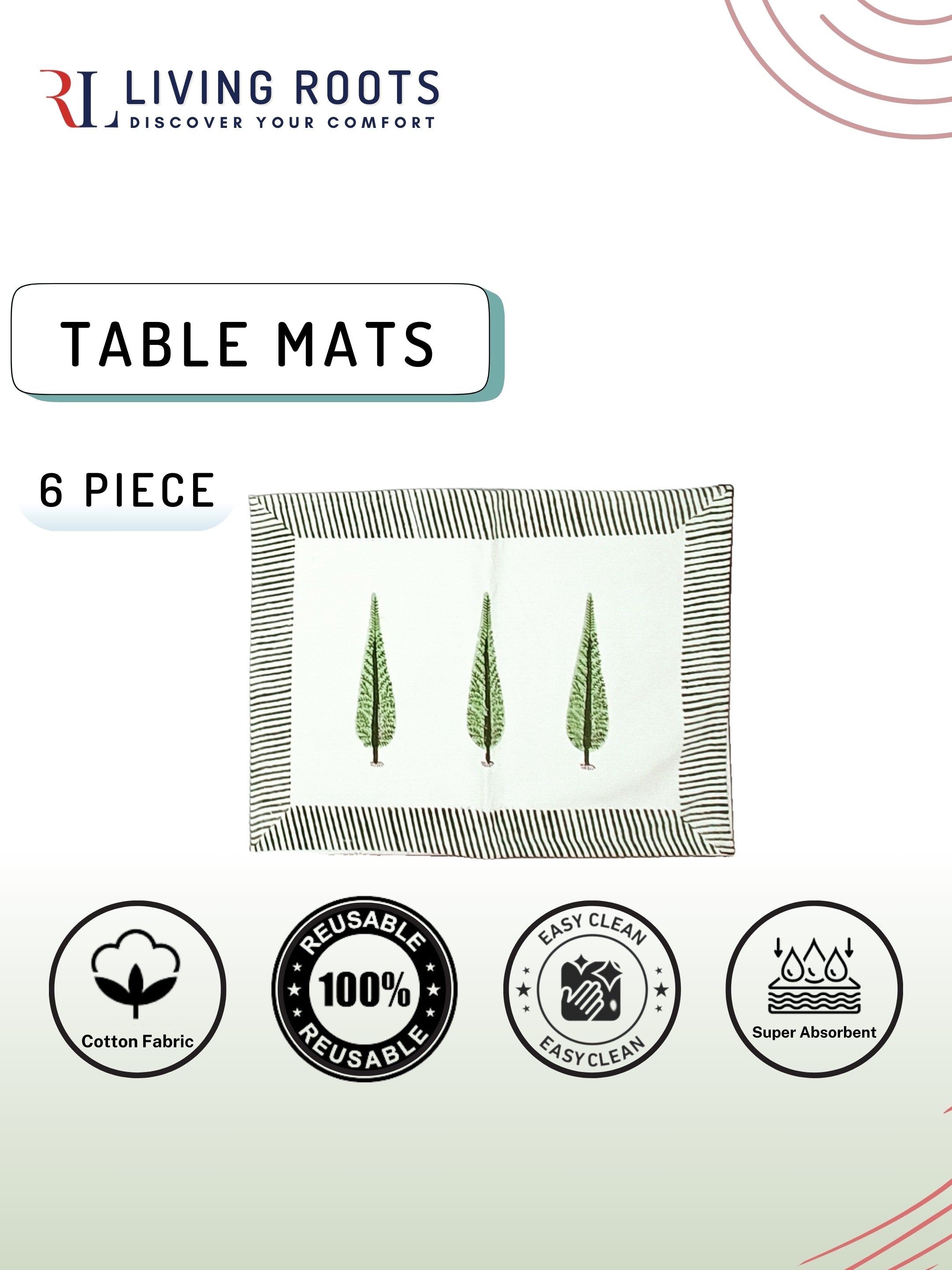 Living Roots Canvas Cotton 6 Piece Table Mat & 6 Piece Table Napkins White & Pink,Table Place Napkins, Elegant Dining Decor (012)