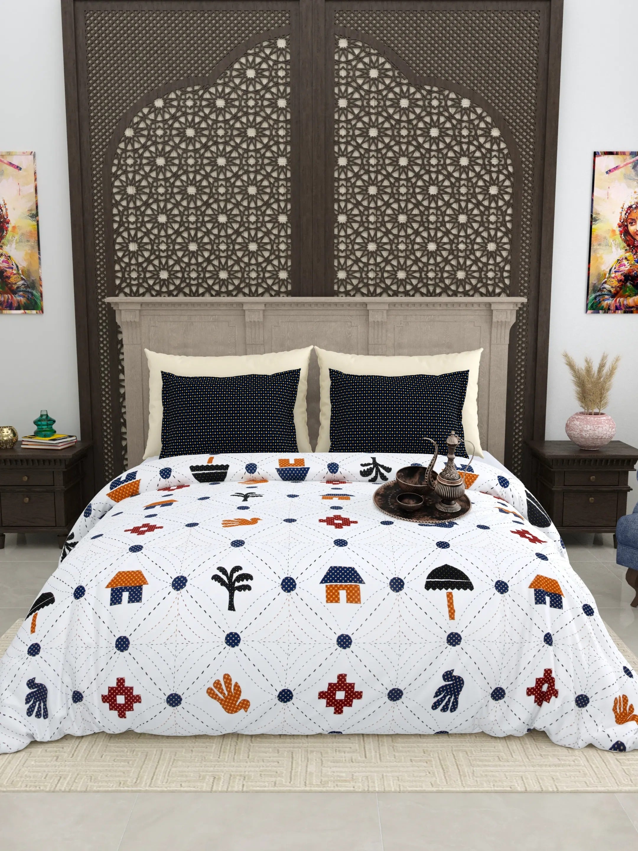 LIVING ROOTS Jaipuri Hand Block Print Super King Cotton Bedsheet 104*104 inches (8.6*8.6 feet) With 2 Pillow Cover | 240 TC | Rich Fast Colour With No Colour Bleeding | (512-A) (Multi)