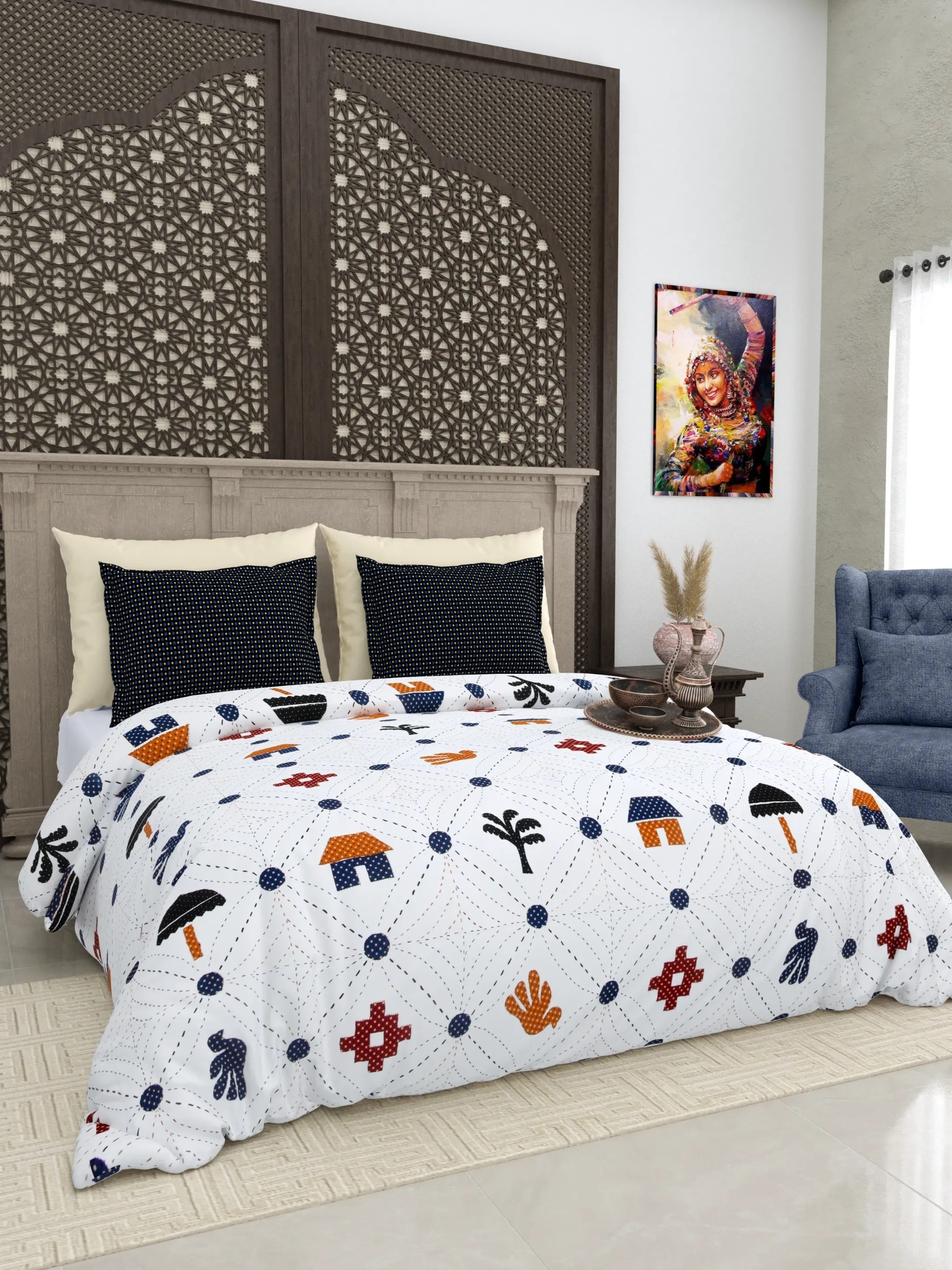 LIVING ROOTS Jaipuri Hand Block Print Super King Cotton Bedsheet 104*104 inches (8.6*8.6 feet) With 2 Pillow Cover | 240 TC | Rich Fast Colour With No Colour Bleeding | (512-A) (Multi)