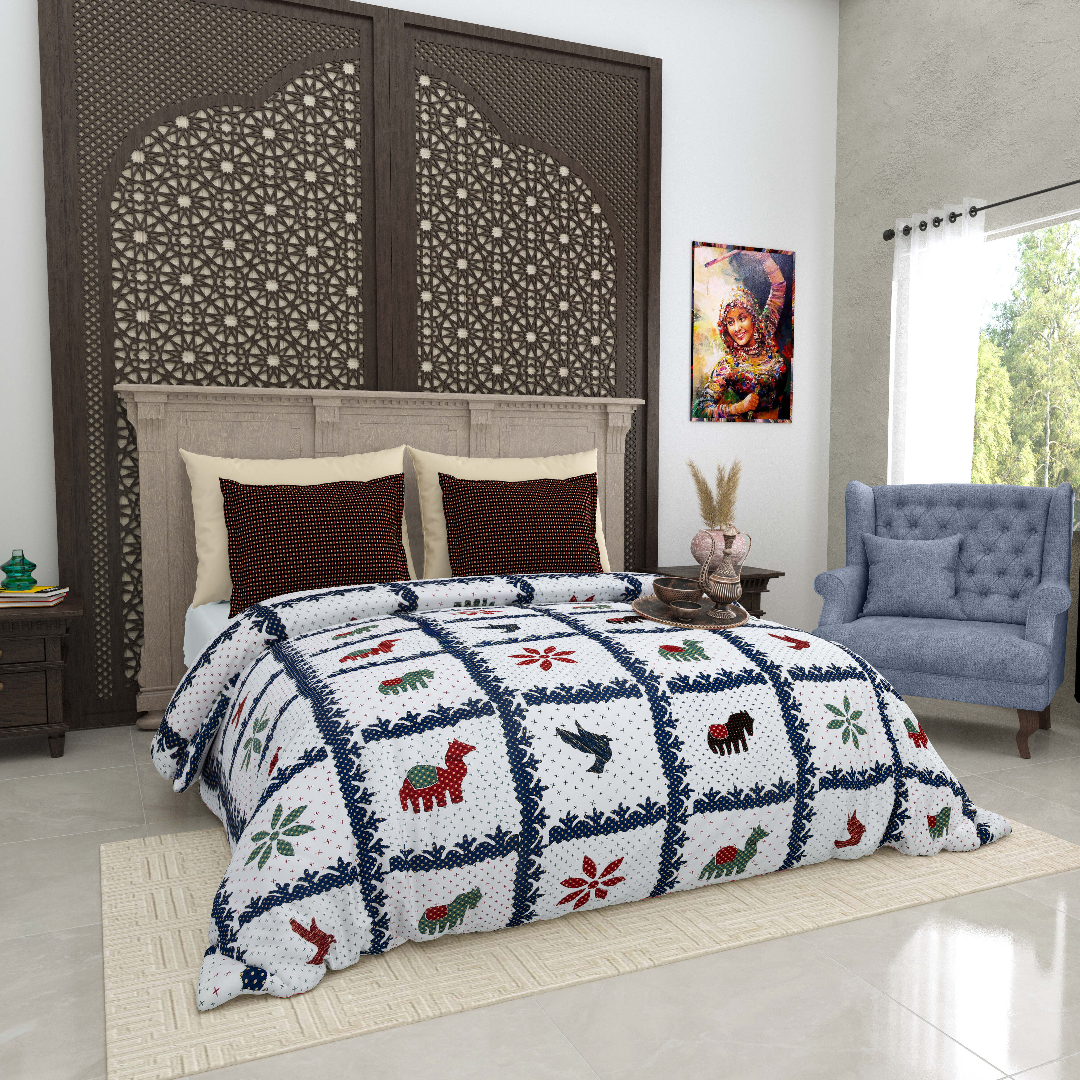 LIVING ROOTS Jaipuri Hand Block Print Super King Cotton Bedsheet 104*104 inches (8.6*8.6 feet) With 2 Pillow Cover | 240 TC | Rich Fast Colour With No Colour Bleeding | (514-A) (Multi)