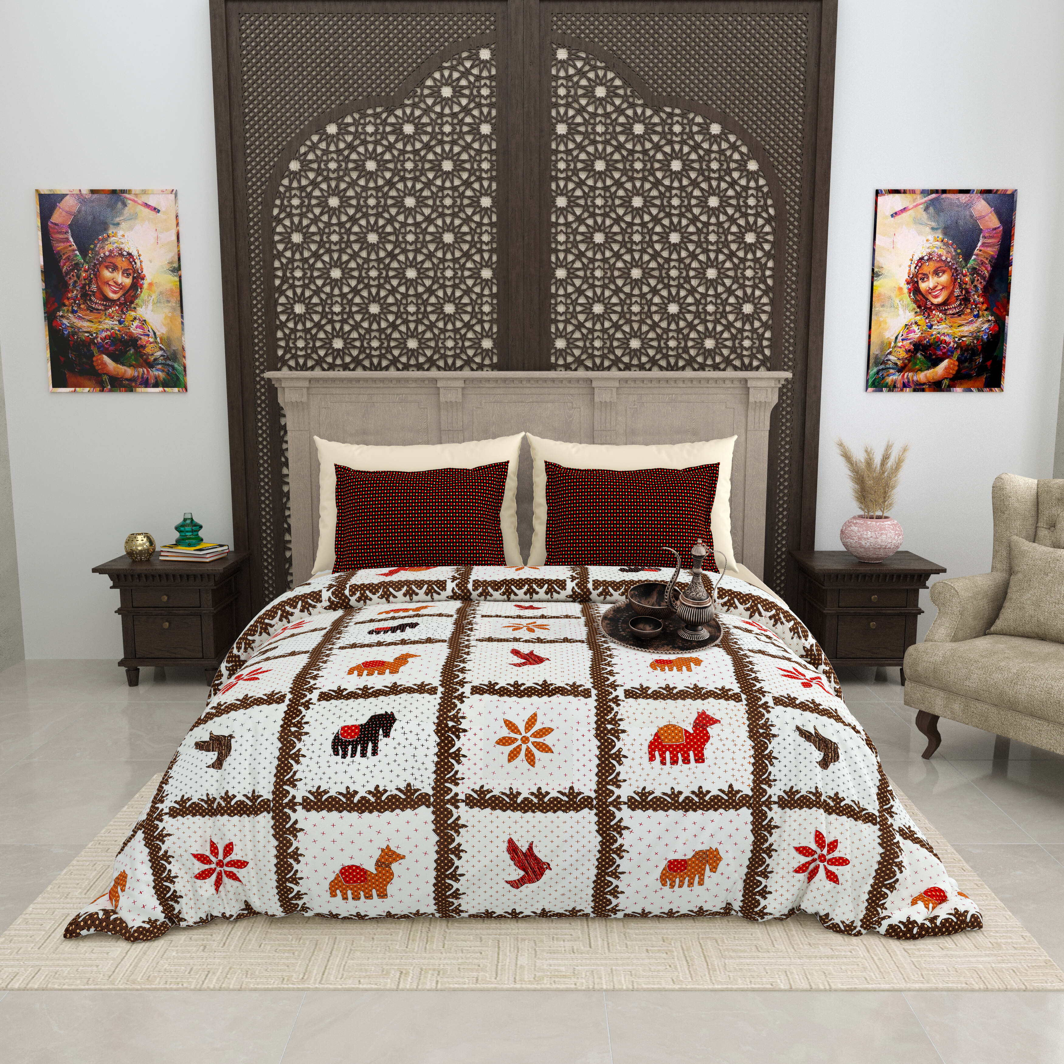 LIVING ROOTS Jaipuri Hand Block Print Super King Cotton Bedsheet 104*104 inches (8.6*8.6 feet) With 2 Pillow Cover | 240 TC | Rich Fast Colour With No Colour Bleeding | (514-C) (Multi)