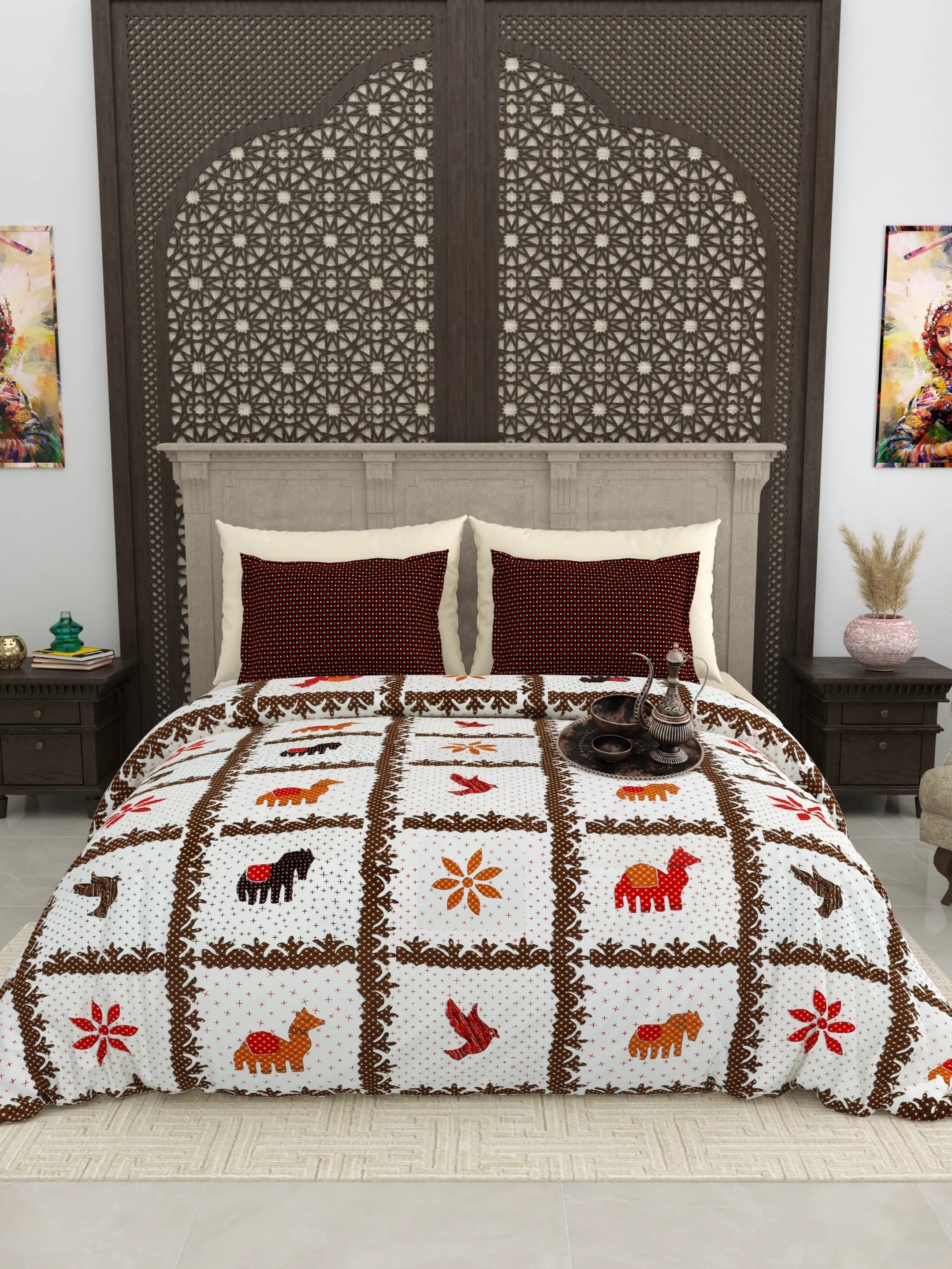 LIVING ROOTS Jaipuri Hand Block Print Super King Cotton Bedsheet 104*104 inches (8.6*8.6 feet) With 2 Pillow Cover | 240 TC | Rich Fast Colour With No Colour Bleeding | (514-C) (Multi)