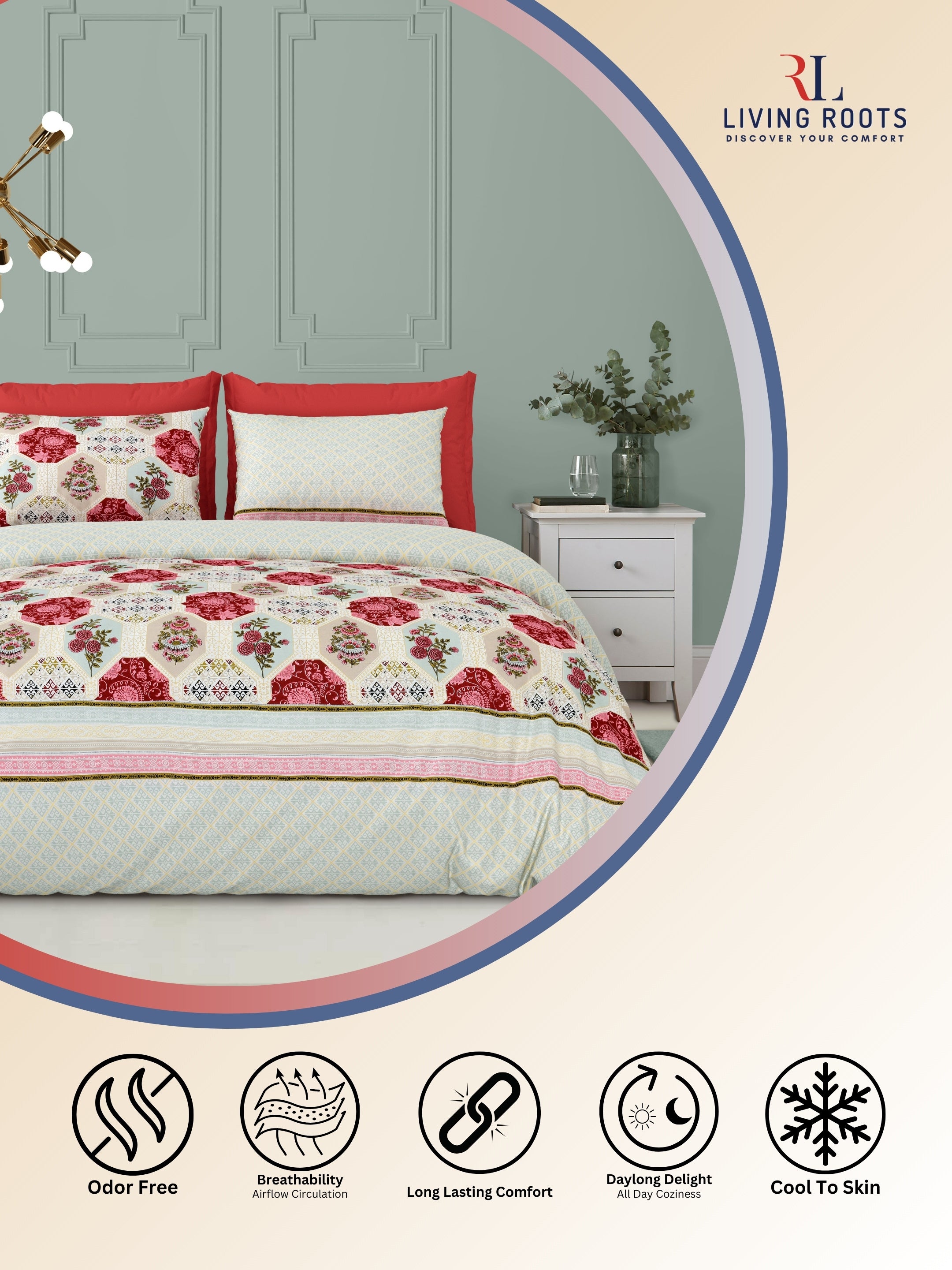 LIVING ROOTS Jaipuri Hand Block Print Super King Cotton Bedsheet 104*104 inches (8.6*8.6 feet) With 2 Pillow Cover | 240 TC | Rich Fast Colour With No Colour Bleeding | (519-B) (Red)