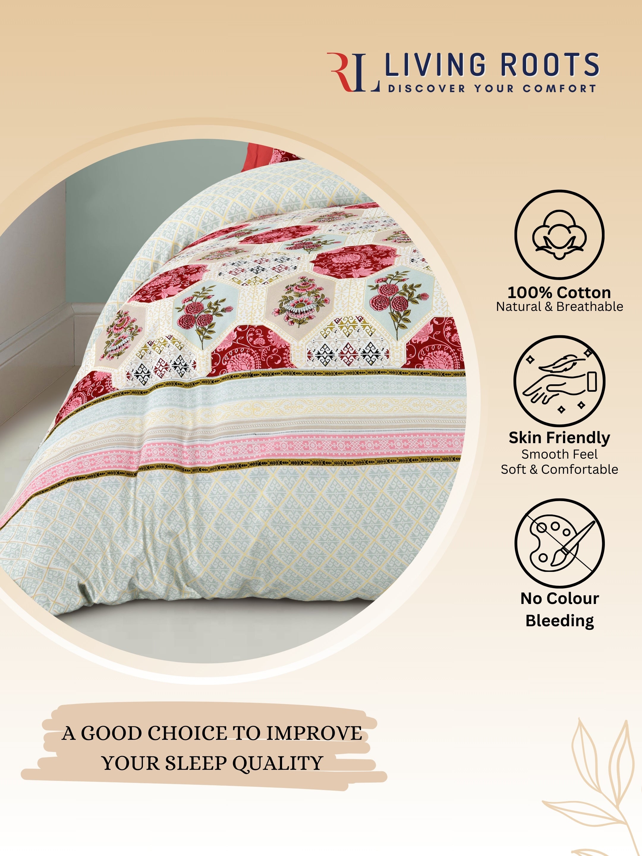 LIVING ROOTS Jaipuri Hand Block Print Super King Cotton Bedsheet 104*104 inches (8.6*8.6 feet) With 2 Pillow Cover | 240 TC | Rich Fast Colour With No Colour Bleeding | (519-B) (Red)