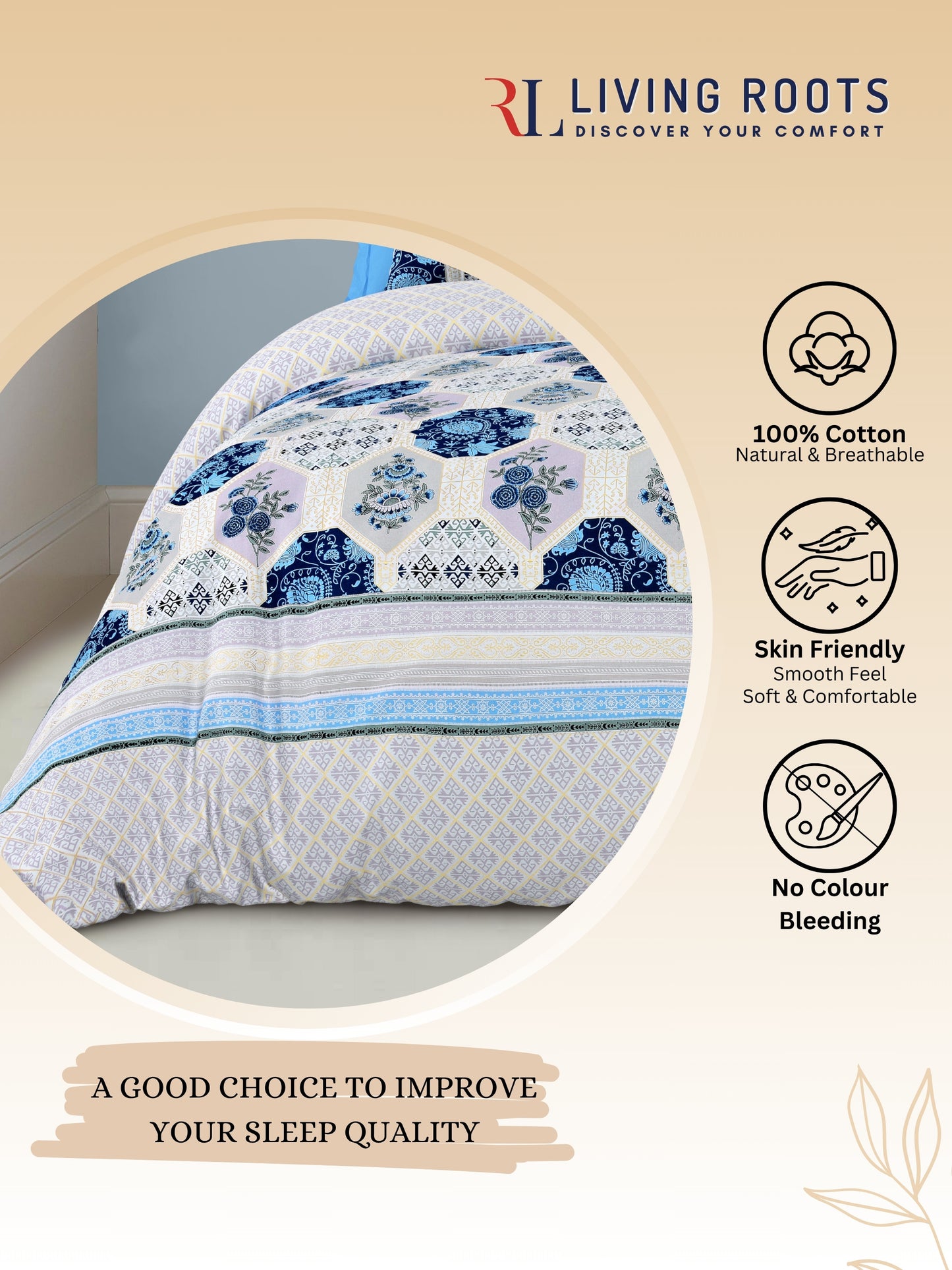 LIVING ROOTS Pure Cotton 1 Super King Size Bedsheet 104*104 inches (8.6*8.6 feet ) with 2 Pillow Cover | Rich Fast Colour with No Colour Bleeding | Soft & Skin Friendly (01-31-519-C)