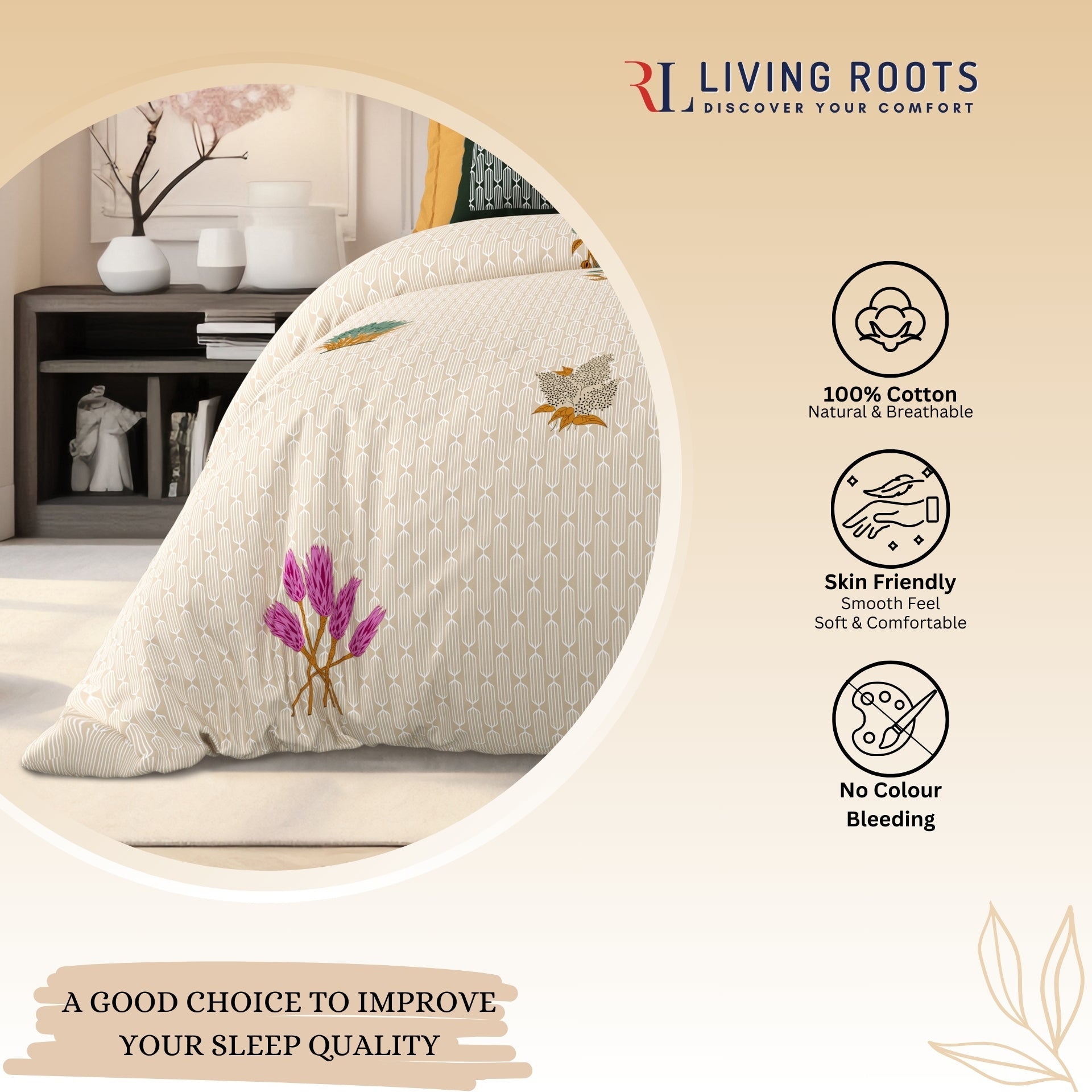 LIVING ROOTS Jaipuri Hand Block Print Super King Cotton Bedsheet 104*104 inches (8.6*8.6 feet) With 2 Pillow Cover | 240 TC | Rich Fast Colour With No Colour Bleeding | (521-A) (Brown)