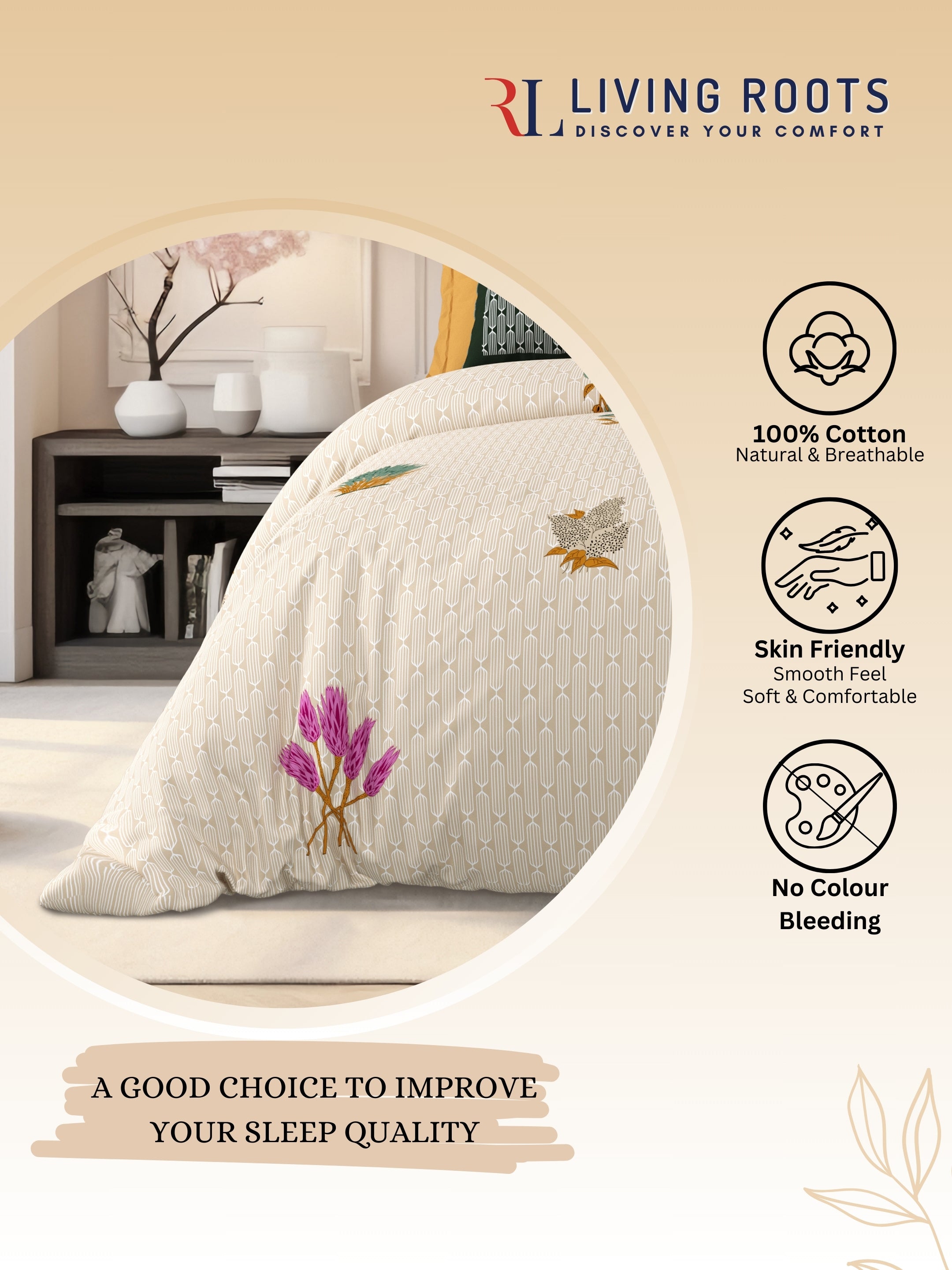 LIVING ROOTS Jaipuri Hand Block Print Super King Cotton Bedsheet 104*104 inches (8.6*8.6 feet) With 2 Pillow Cover | 240 TC | Rich Fast Colour With No Colour Bleeding | (521-A) (Brown)