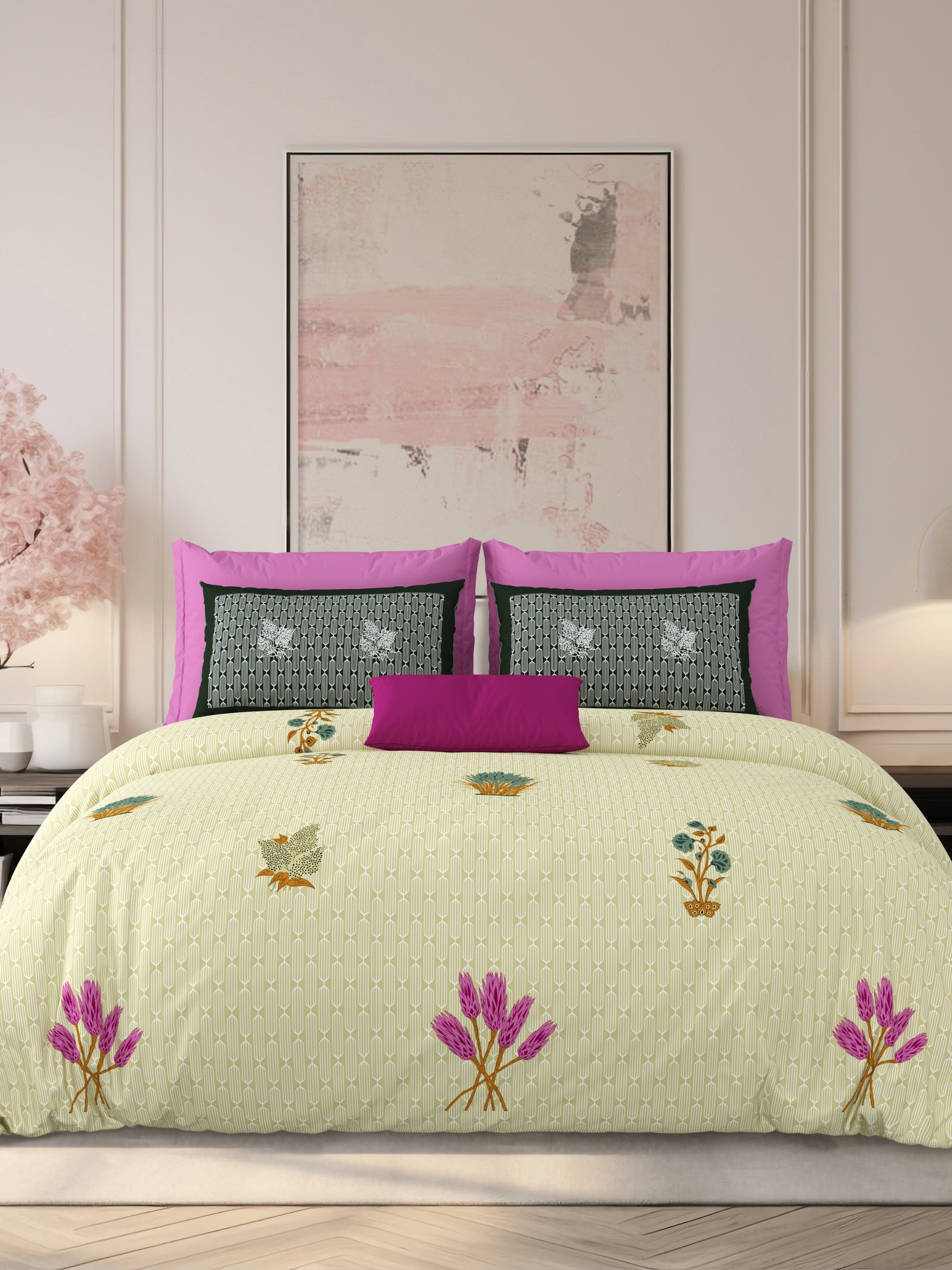 LIVING ROOTS Jaipuri Hand Block Print Super King Cotton Bedsheet 104*104 inches (8.6*8.6 feet) With 2 Pillow Cover | 240 TC | Rich Fast Colour With No Colour Bleeding | (521-B) (Yellow)