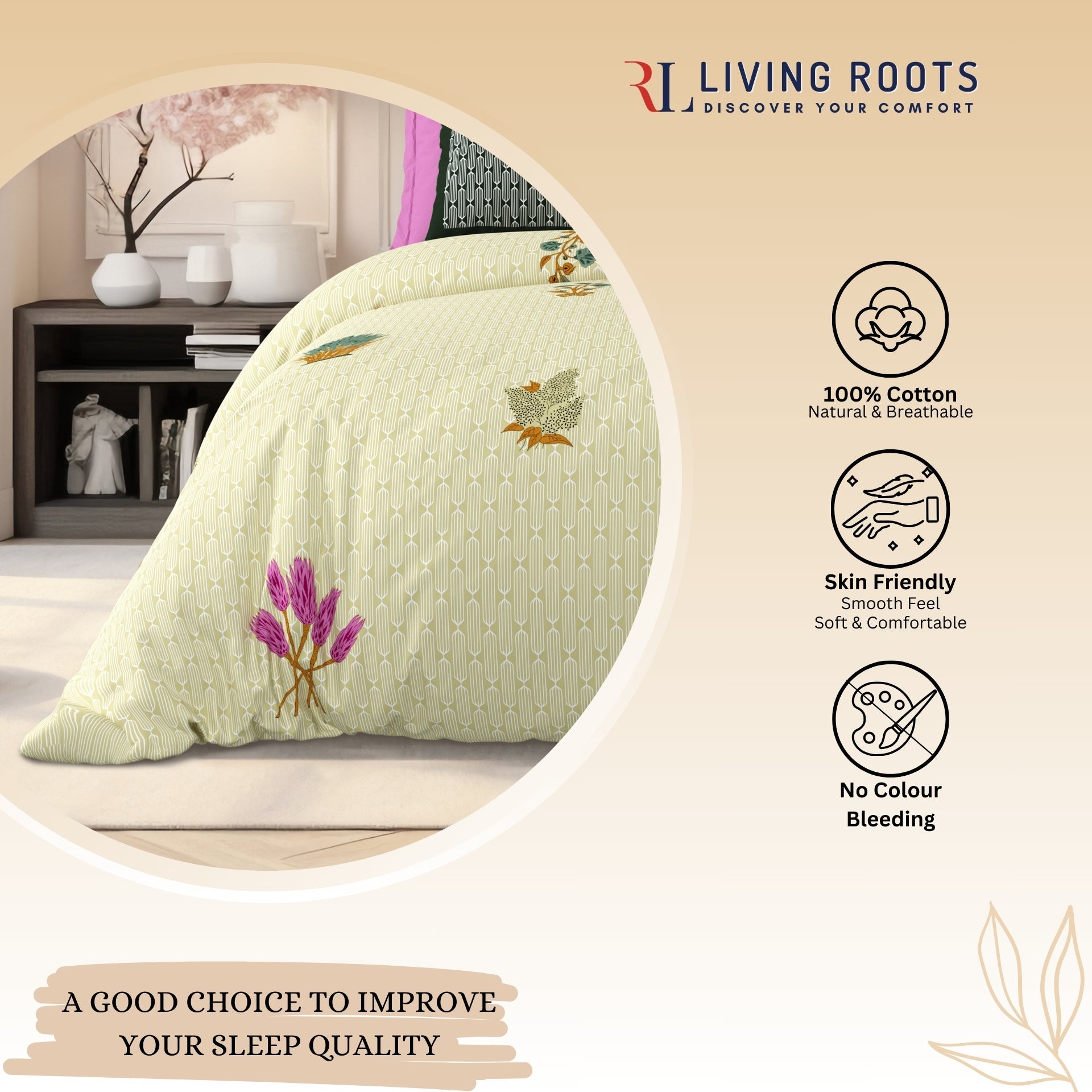 LIVING ROOTS Jaipuri Hand Block Print Super King Cotton Bedsheet 104*104 inches (8.6*8.6 feet) With 2 Pillow Cover | 240 TC | Rich Fast Colour With No Colour Bleeding | (521-B) (Yellow)