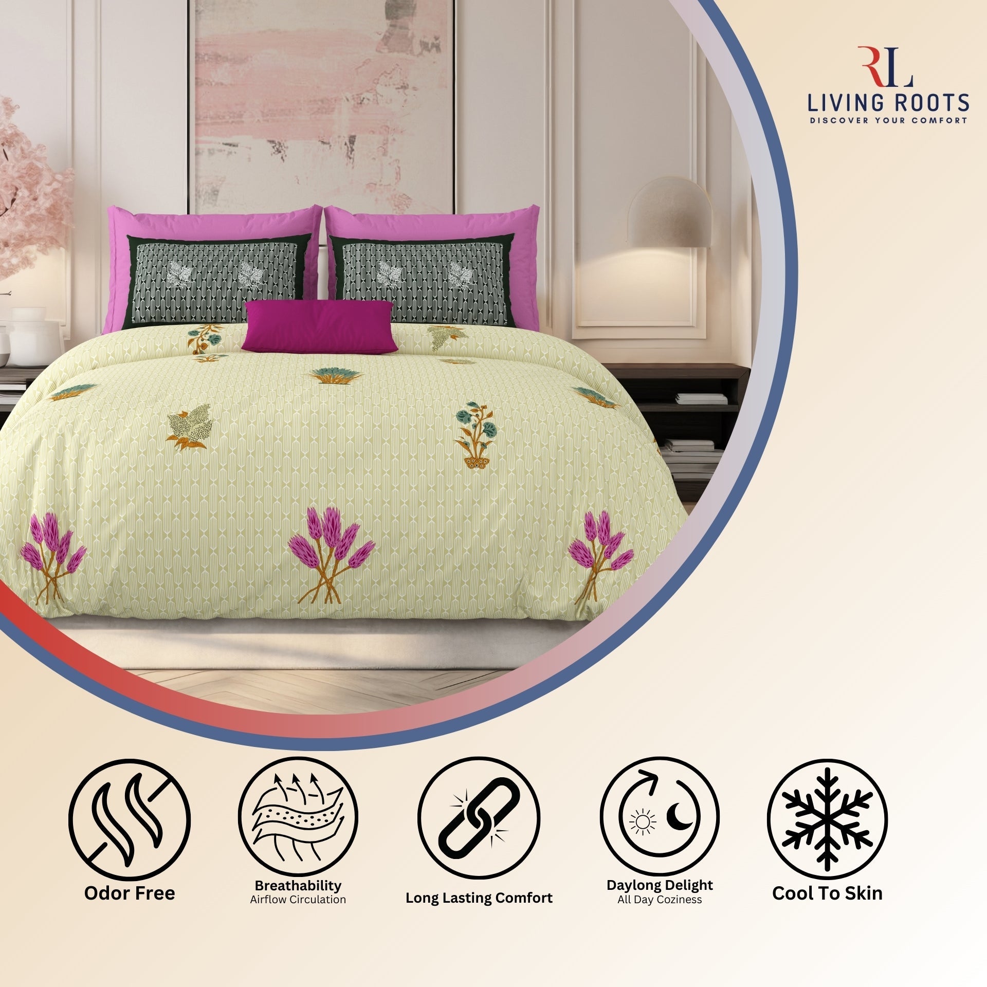 LIVING ROOTS Jaipuri Hand Block Print Super King Cotton Bedsheet 104*104 inches (8.6*8.6 feet) With 2 Pillow Cover | 240 TC | Rich Fast Colour With No Colour Bleeding | (521-B) (Yellow)