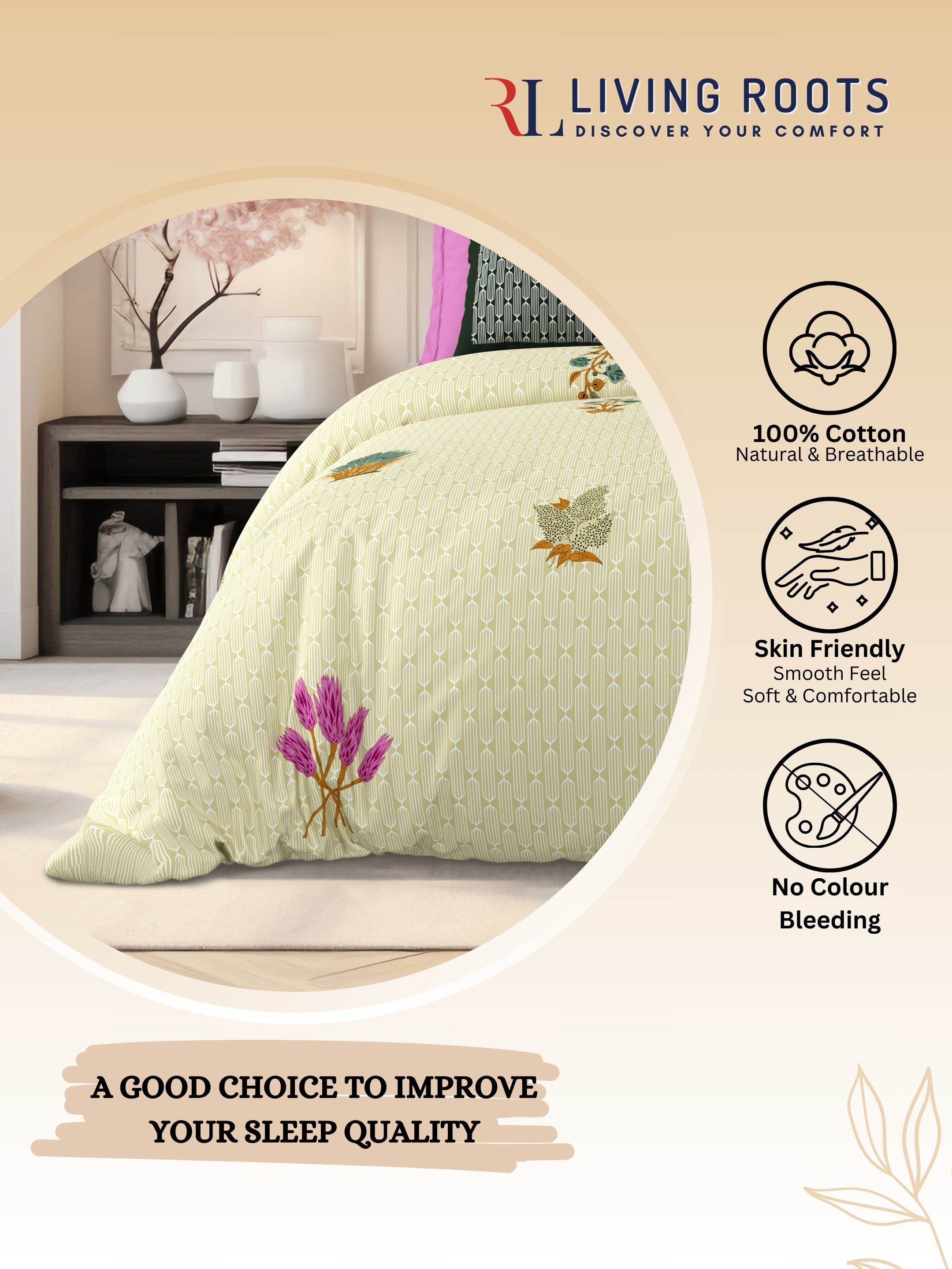 LIVING ROOTS Jaipuri Hand Block Print Super King Cotton Bedsheet 104*104 inches (8.6*8.6 feet) With 2 Pillow Cover | 240 TC | Rich Fast Colour With No Colour Bleeding | (521-B) (Yellow)