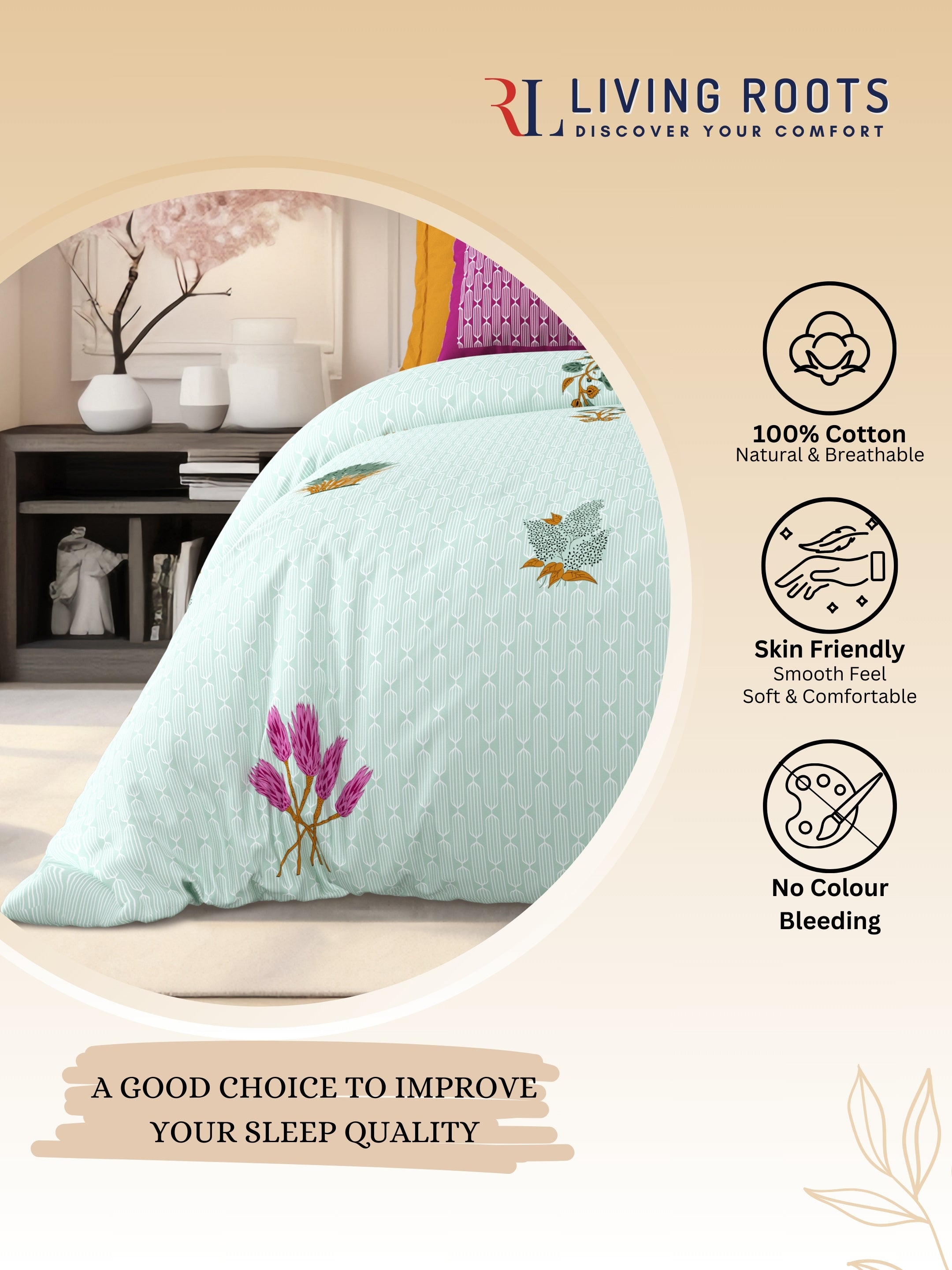 LIVING ROOTS Jaipuri Hand Block Print Super King Cotton Bedsheet 104*104 inches (8.6*8.6 feet) With 2 Pillow Cover | 240 TC | Rich Fast Colour With No Colour Bleeding | (521-C) (Green)