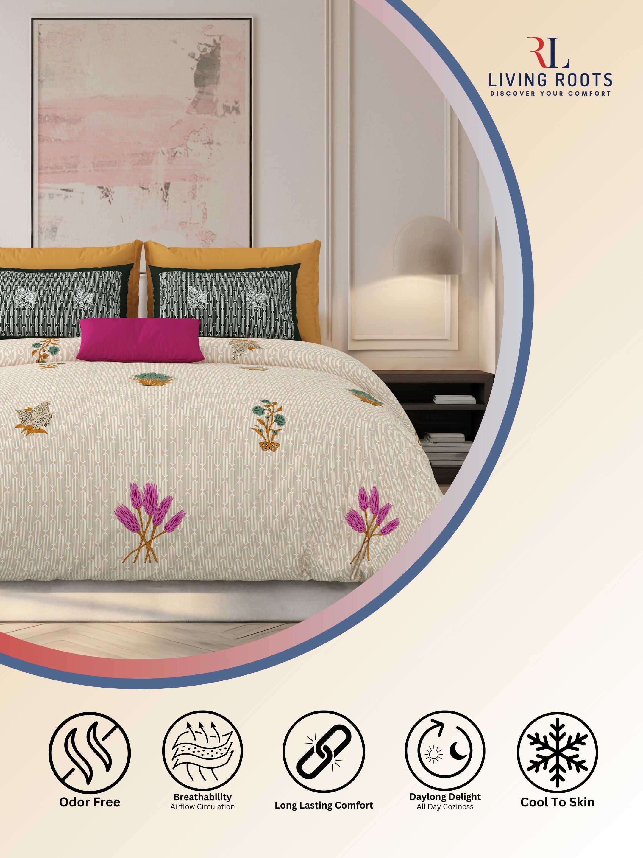 LIVING ROOTS Jaipuri Hand Block Print Super King Cotton Bedsheet 104*104 inches (8.6*8.6 feet) With 2 Pillow Cover | 240 TC | Rich Fast Colour With No Colour Bleeding | (521-D) (Brown)