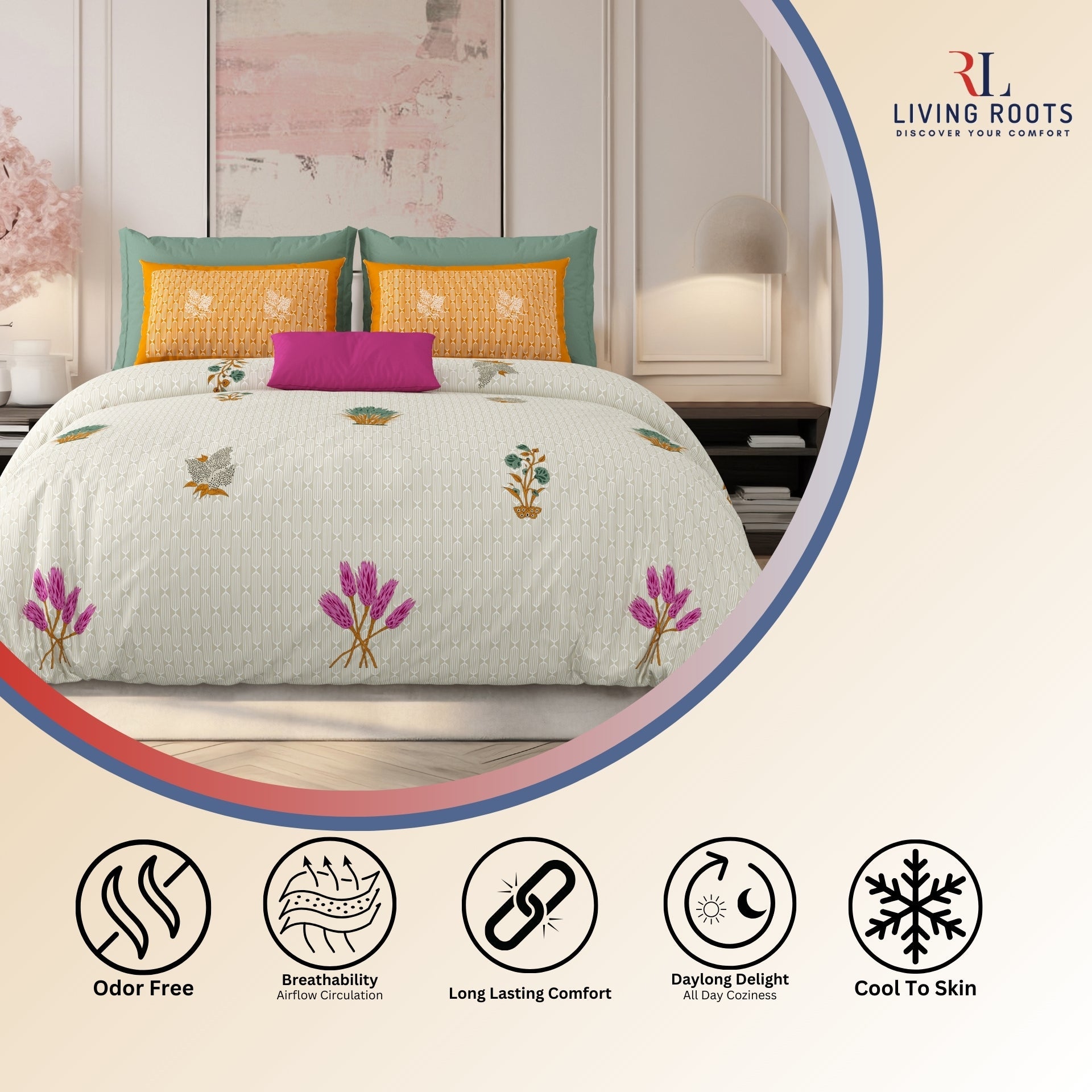 LIVING ROOTS Jaipuri Hand Block Print Super King Cotton Bedsheet 104*104 inches (8.6*8.6 feet) With 2 Pillow Cover | 240 TC | Rich Fast Colour With No Colour Bleeding | (521-D) (Brown)