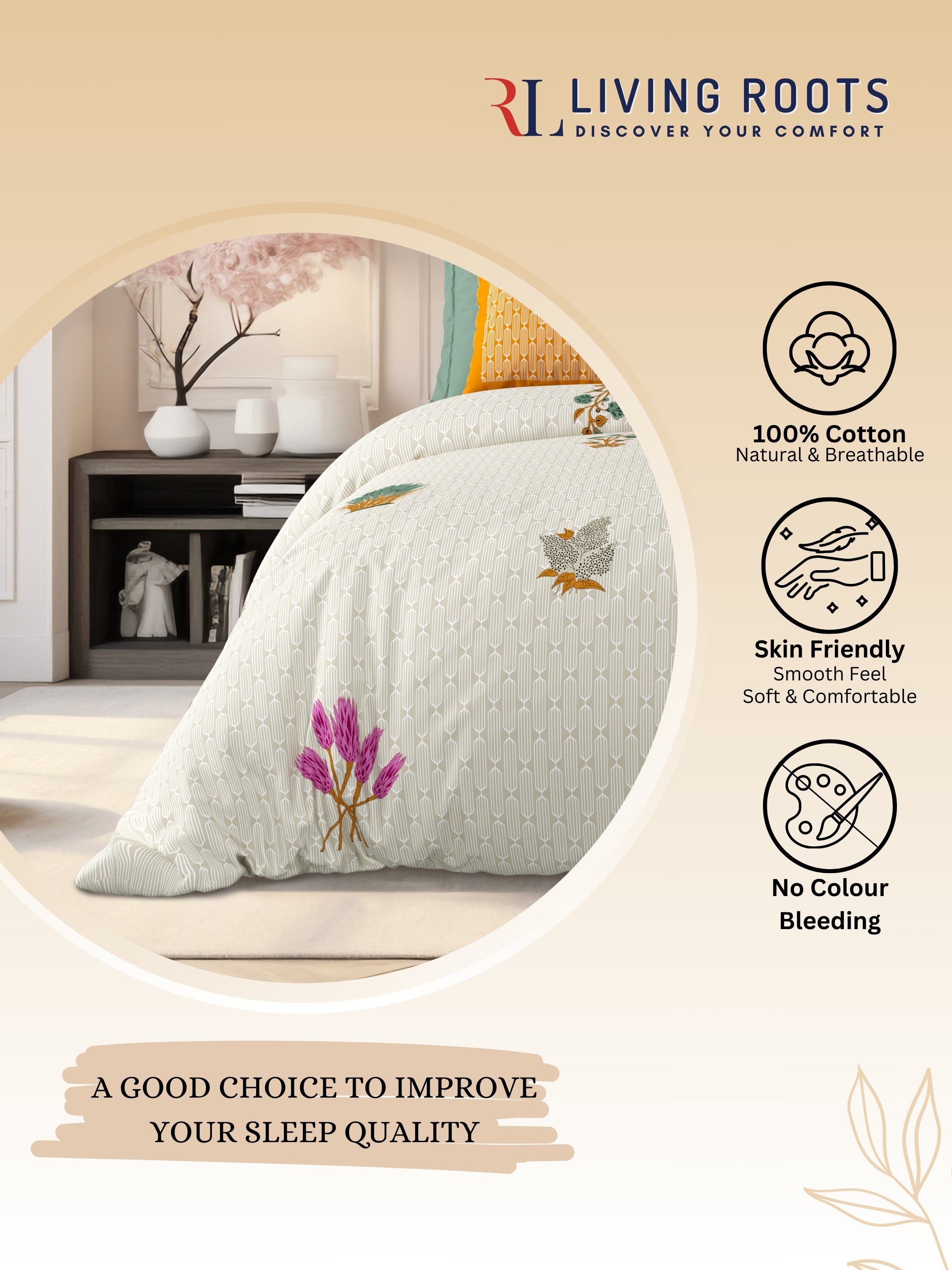 LIVING ROOTS Jaipuri Hand Block Print Super King Cotton Bedsheet 104*104 inches (8.6*8.6 feet) With 2 Pillow Cover | 240 TC | Rich Fast Colour With No Colour Bleeding | (521-D) (Brown)