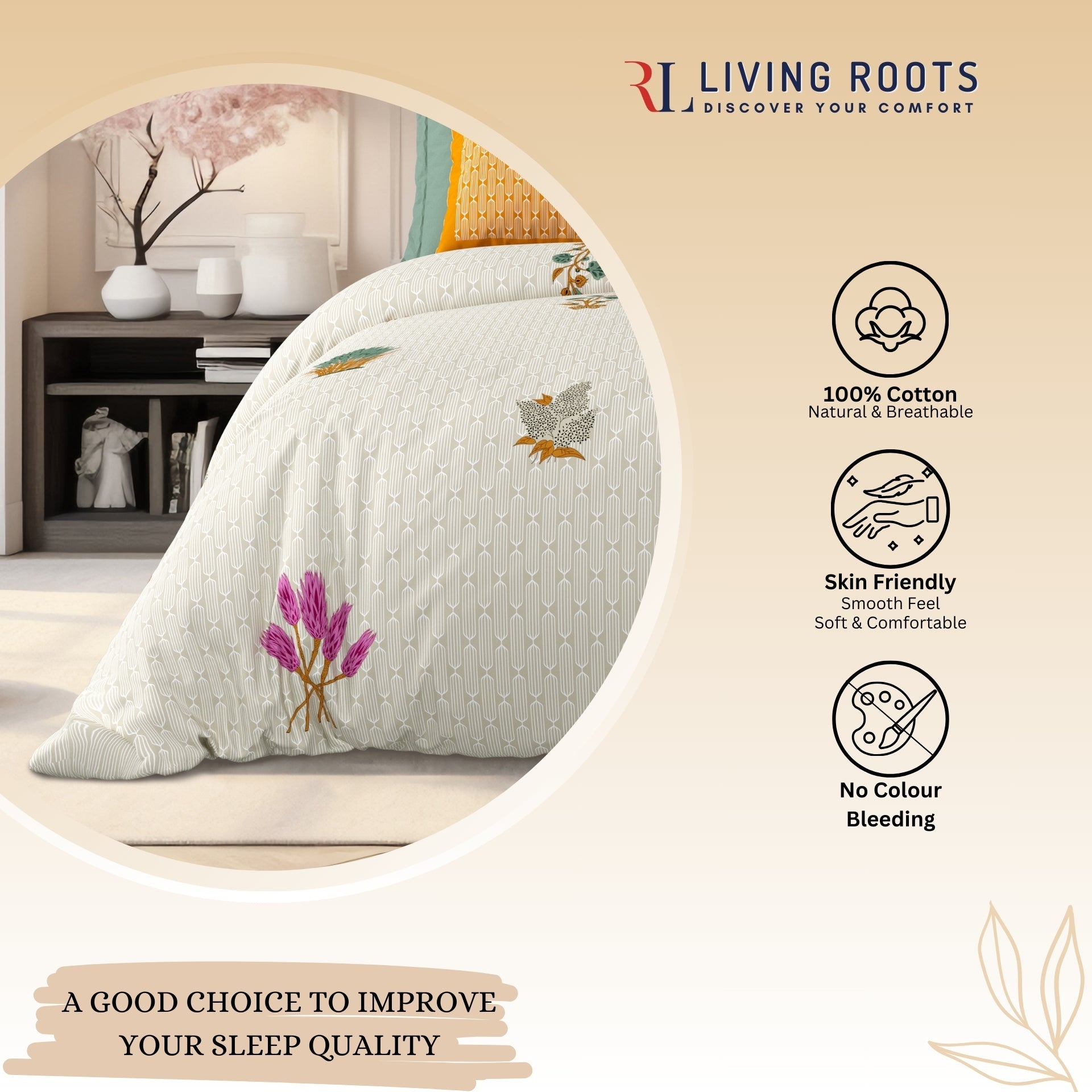 LIVING ROOTS Jaipuri Hand Block Print Super King Cotton Bedsheet 104*104 inches (8.6*8.6 feet) With 2 Pillow Cover | 240 TC | Rich Fast Colour With No Colour Bleeding | (521-D) (Brown)