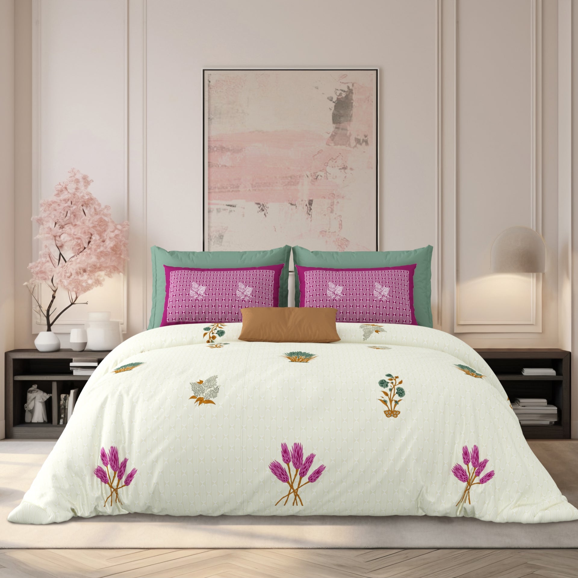 LIVING ROOTS Jaipuri Hand Block Print Super King Cotton Bedsheet 104*104 inches (8.6*8.6 feet) With 2 Pillow Cover | 240 TC | Rich Fast Colour With No Colour Bleeding | (521-E) (Cream)
