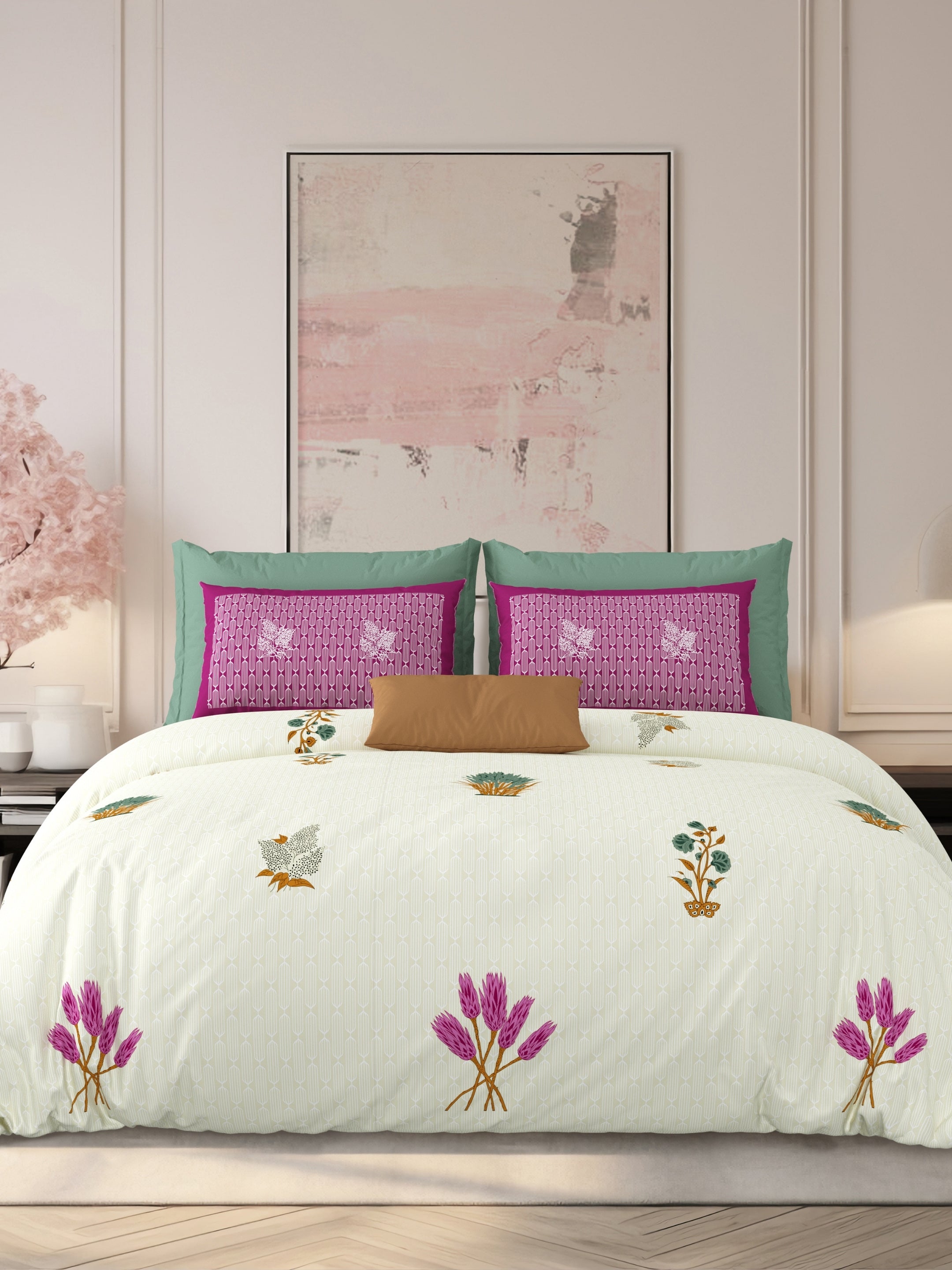LIVING ROOTS Jaipuri Hand Block Print Super King Cotton Bedsheet 104*104 inches (8.6*8.6 feet) With 2 Pillow Cover | 240 TC | Rich Fast Colour With No Colour Bleeding | (521-E) (Cream)