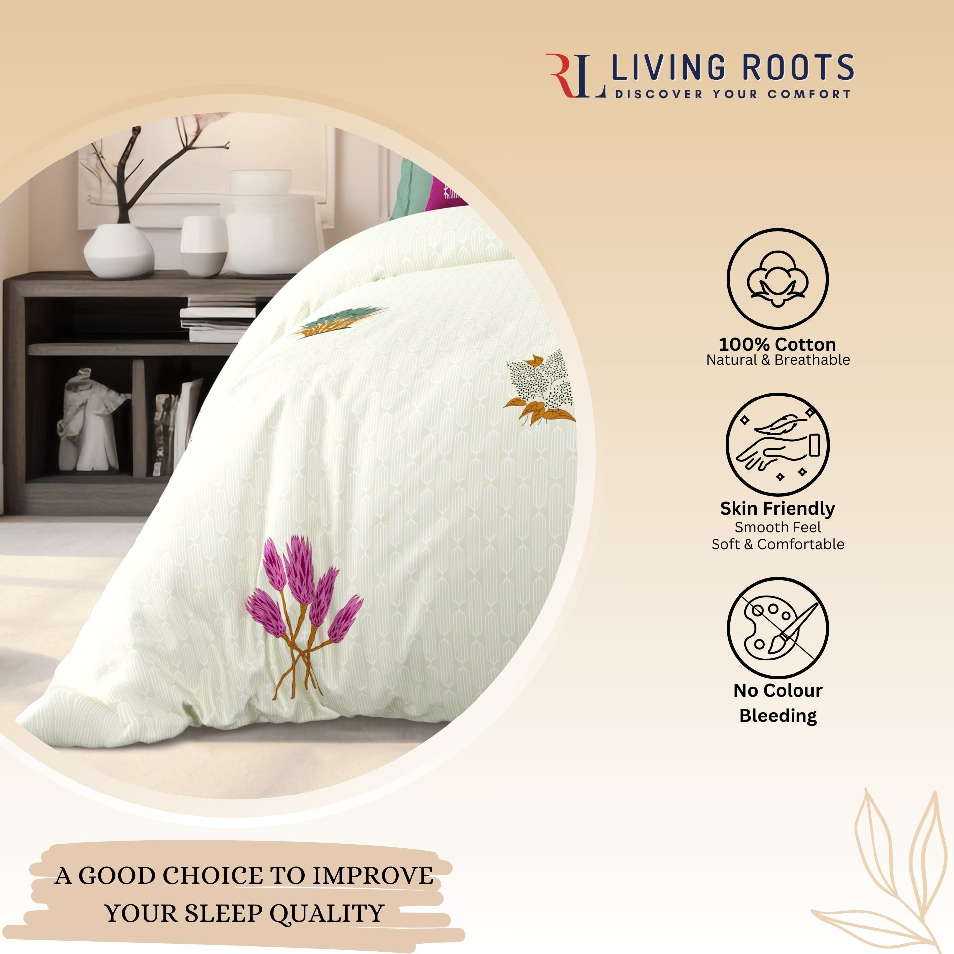 LIVING ROOTS Jaipuri Hand Block Print Super King Cotton Bedsheet 104*104 inches (8.6*8.6 feet) With 2 Pillow Cover | 240 TC | Rich Fast Colour With No Colour Bleeding | (521-E) (Cream)