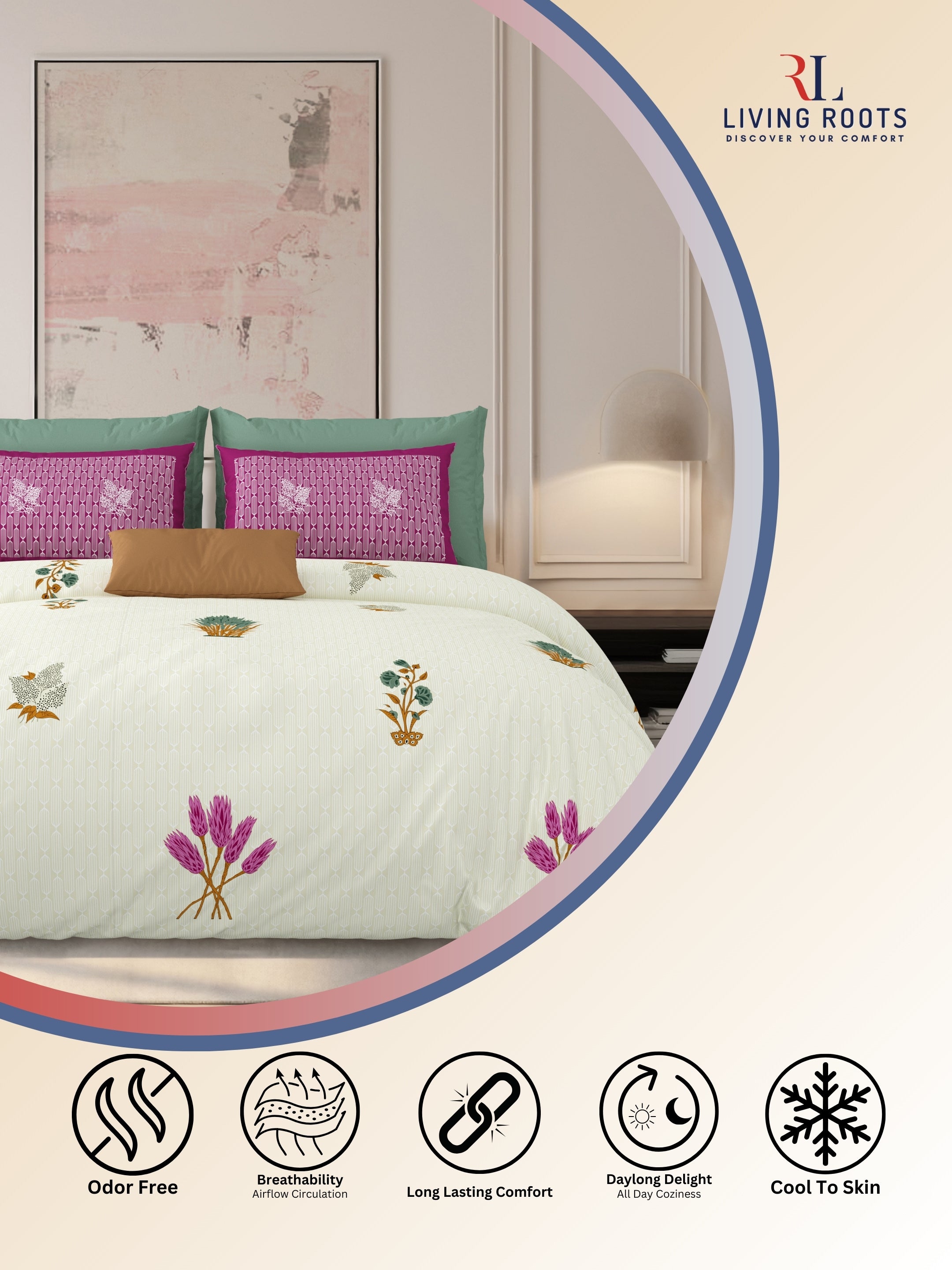 LIVING ROOTS Jaipuri Hand Block Print Super King Cotton Bedsheet 104*104 inches (8.6*8.6 feet) With 2 Pillow Cover | 240 TC | Rich Fast Colour With No Colour Bleeding | (521-E) (Cream)