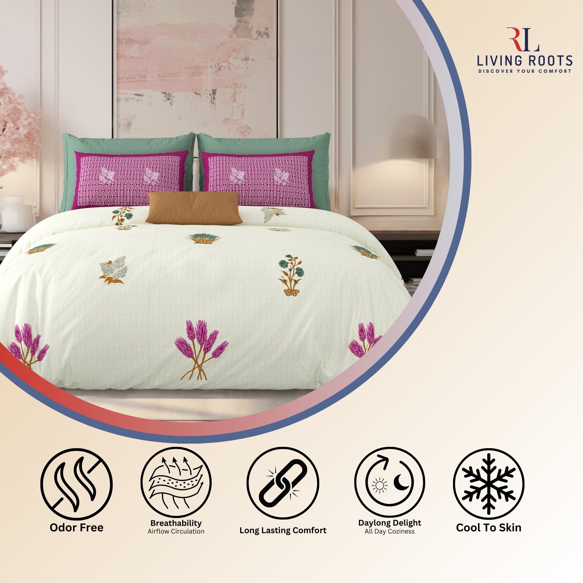 LIVING ROOTS Jaipuri Hand Block Print Super King Cotton Bedsheet 104*104 inches (8.6*8.6 feet) With 2 Pillow Cover | 240 TC | Rich Fast Colour With No Colour Bleeding | (521-E) (Cream)