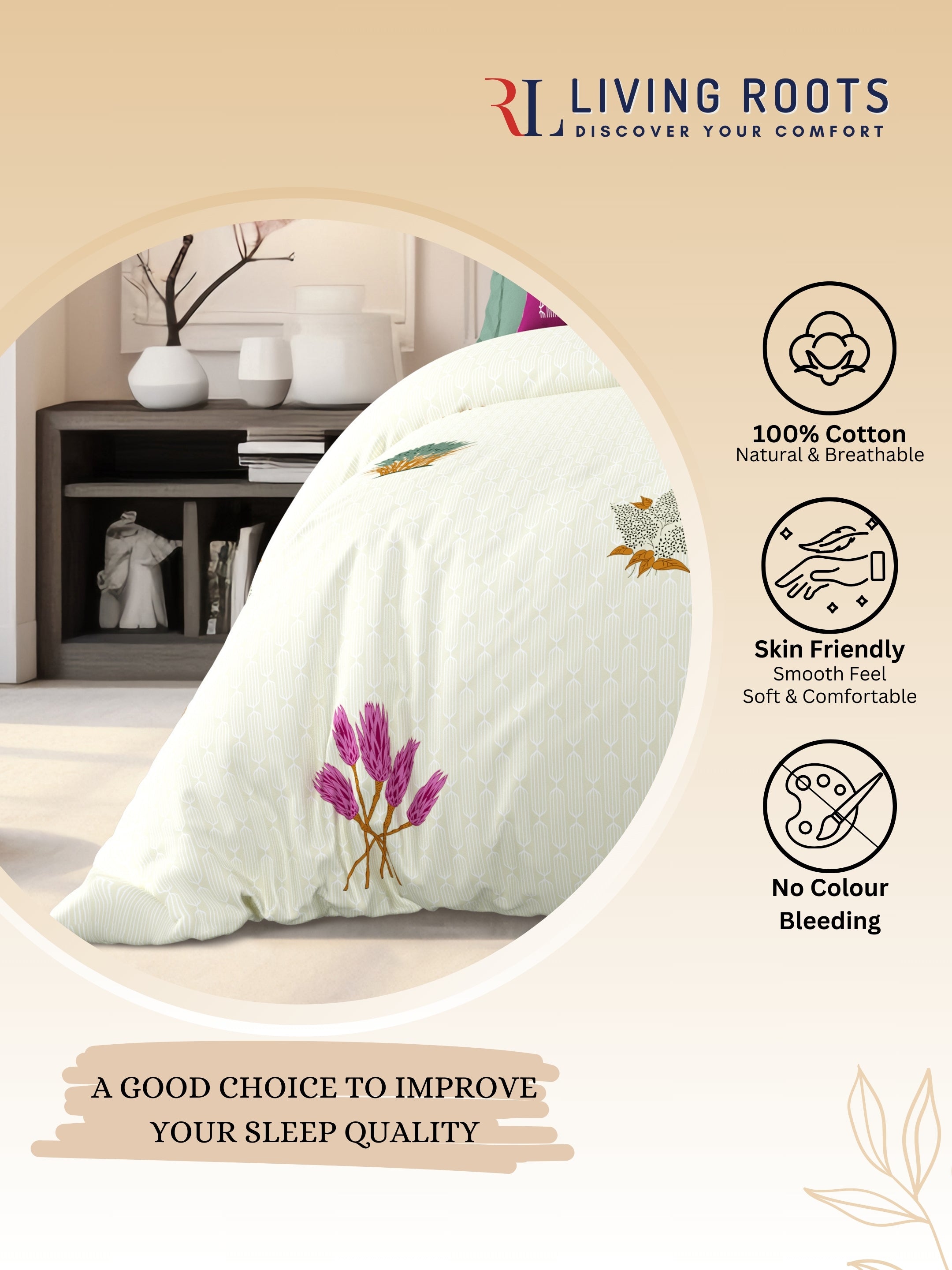 LIVING ROOTS Jaipuri Hand Block Print Super King Cotton Bedsheet 104*104 inches (8.6*8.6 feet) With 2 Pillow Cover | 240 TC | Rich Fast Colour With No Colour Bleeding | (521-E) (Cream)