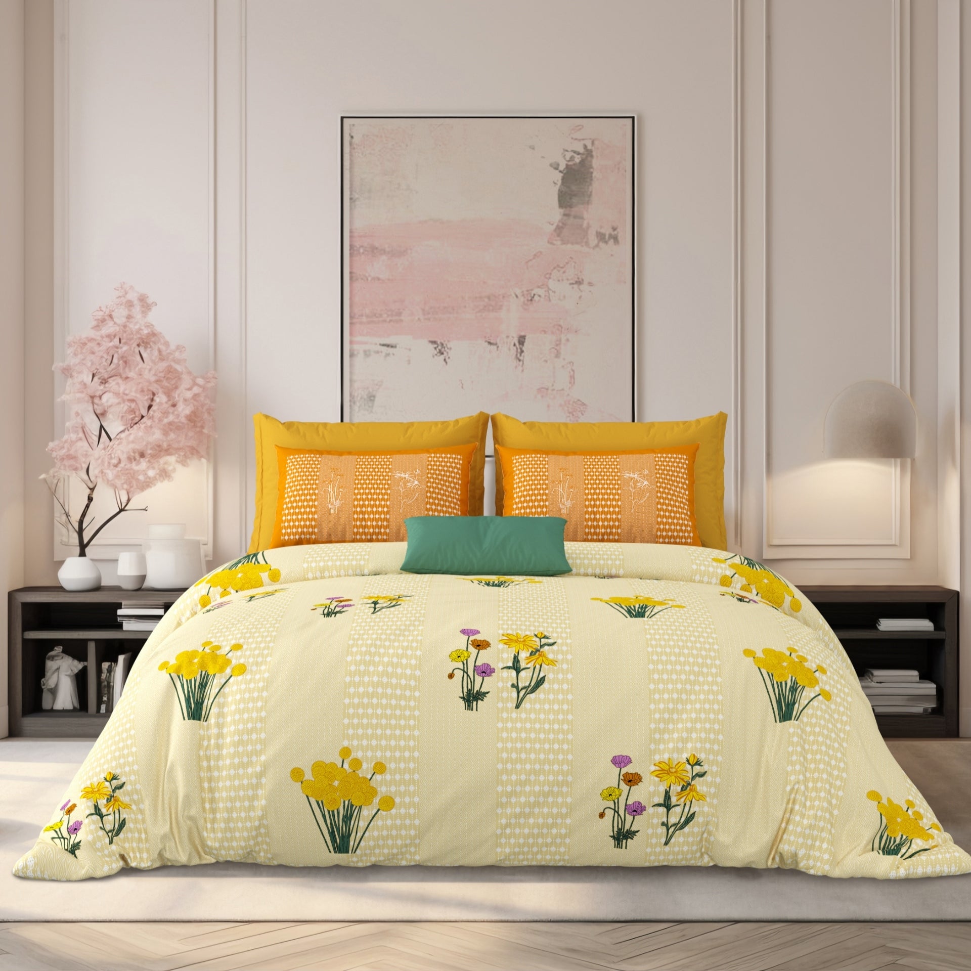 LIVING ROOTS Jaipuri Hand Block Print Super King Cotton Bedsheet 104*104 inches (8.6*8.6 feet) With 2 Pillow Cover | 240 TC | Rich Fast Colour With No Colour Bleeding | (522-A) (Yellow)