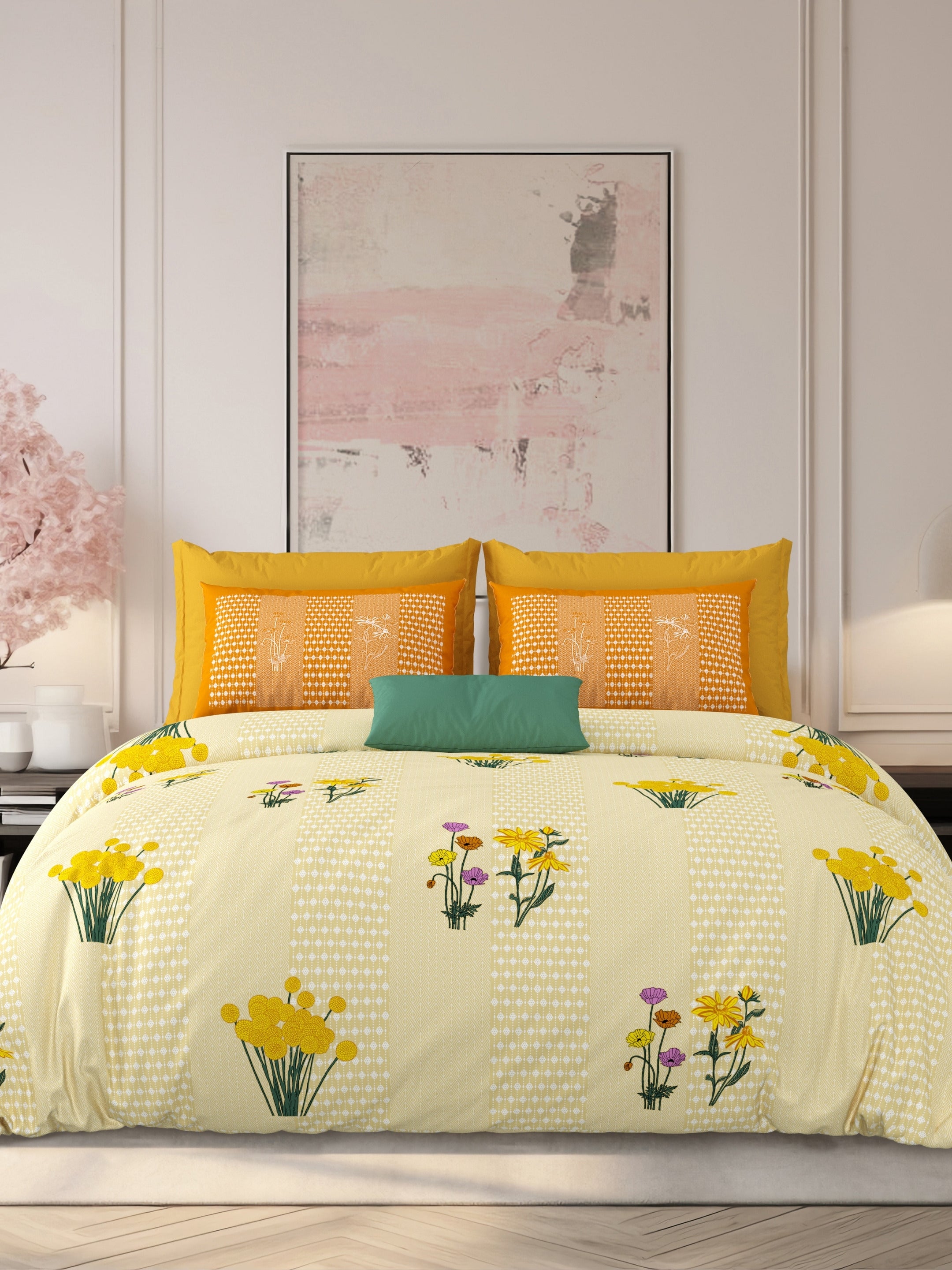 LIVING ROOTS Jaipuri Hand Block Print Super King Cotton Bedsheet 104*104 inches (8.6*8.6 feet) With 2 Pillow Cover | 240 TC | Rich Fast Colour With No Colour Bleeding | (522-A) (Yellow)