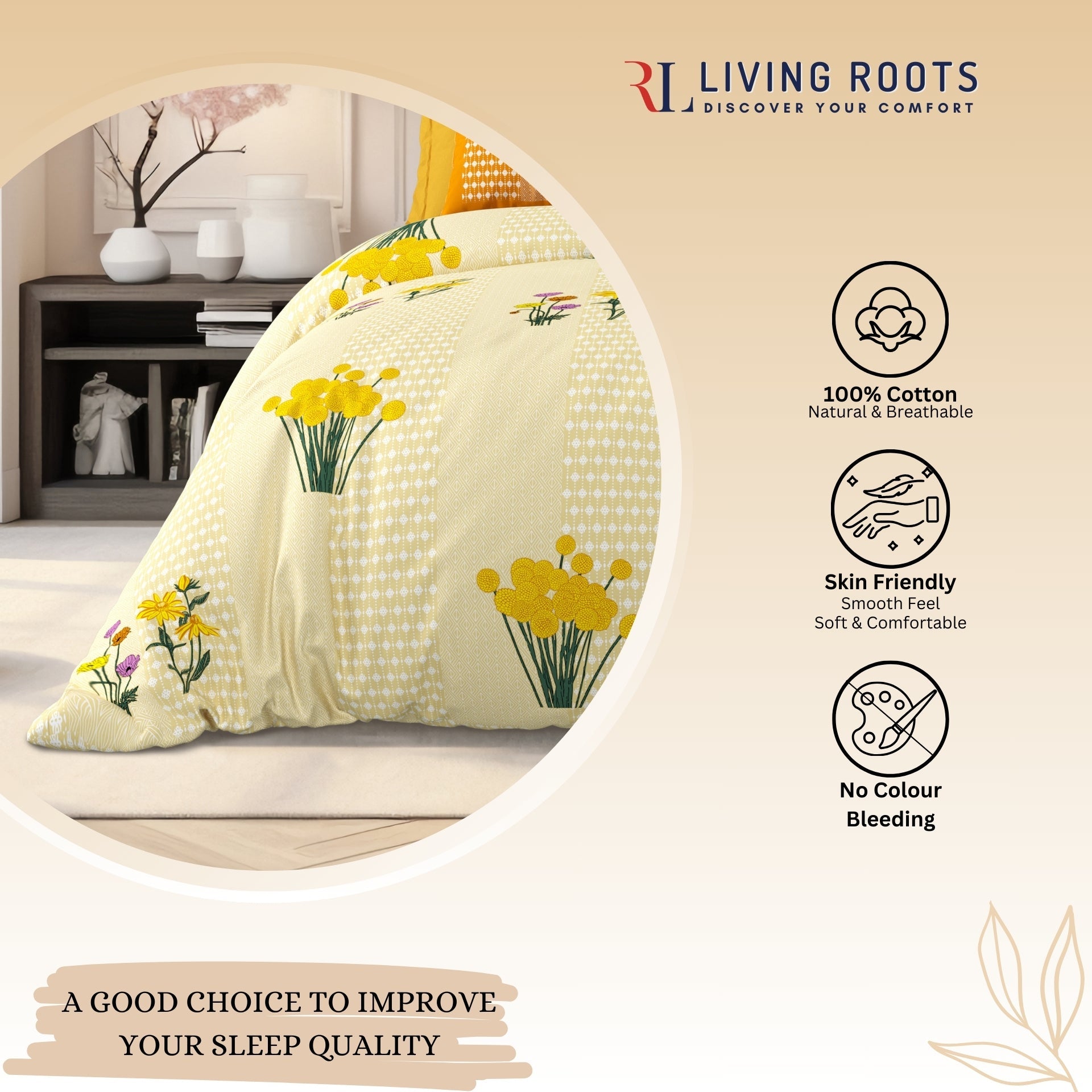 LIVING ROOTS Jaipuri Hand Block Print Super King Cotton Bedsheet 104*104 inches (8.6*8.6 feet) With 2 Pillow Cover | 240 TC | Rich Fast Colour With No Colour Bleeding | (522-A) (Yellow)