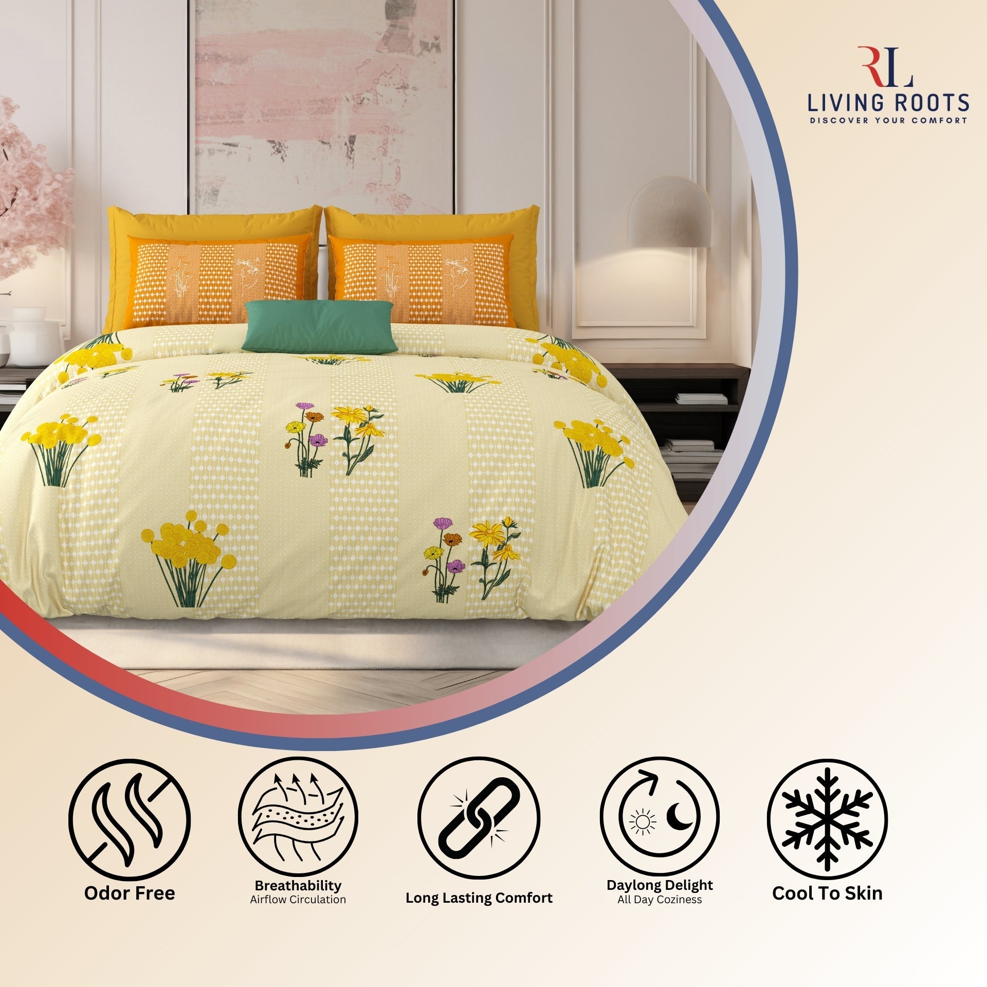 LIVING ROOTS Jaipuri Hand Block Print Super King Cotton Bedsheet 104*104 inches (8.6*8.6 feet) With 2 Pillow Cover | 240 TC | Rich Fast Colour With No Colour Bleeding | (522-A) (Yellow)