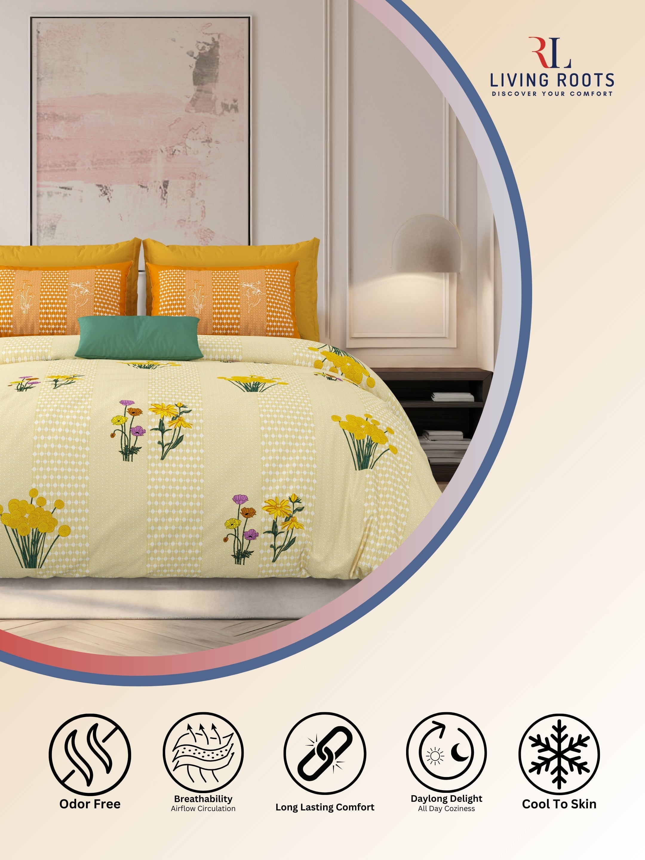 LIVING ROOTS Jaipuri Hand Block Print Super King Cotton Bedsheet 104*104 inches (8.6*8.6 feet) With 2 Pillow Cover | 240 TC | Rich Fast Colour With No Colour Bleeding | (522-A) (Yellow)
