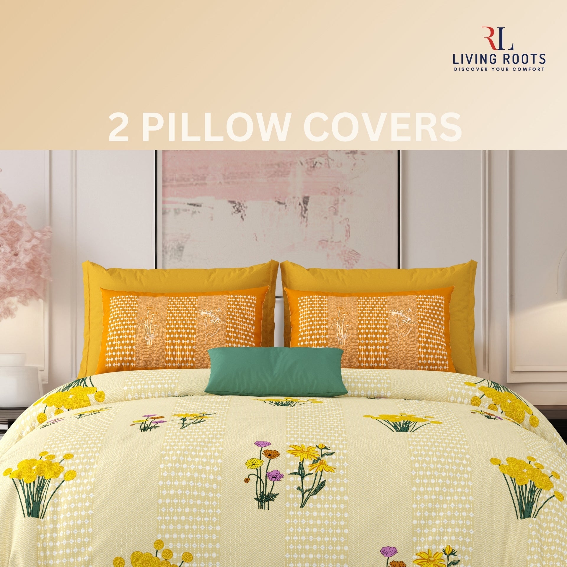 LIVING ROOTS Jaipuri Hand Block Print Super King Cotton Bedsheet 104*104 inches (8.6*8.6 feet) With 2 Pillow Cover | 240 TC | Rich Fast Colour With No Colour Bleeding | (522-A) (Yellow)