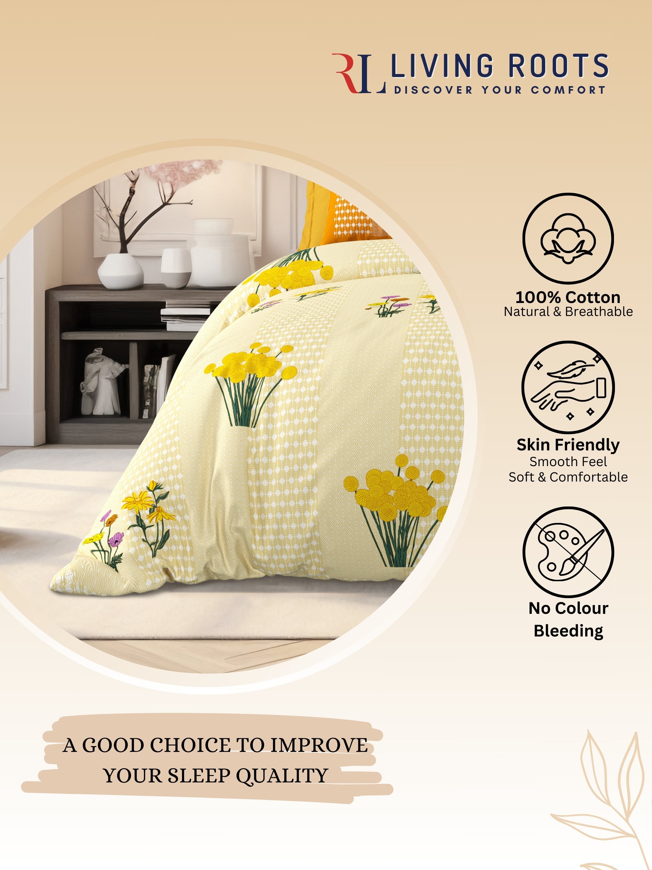 LIVING ROOTS Jaipuri Hand Block Print Super King Cotton Bedsheet 104*104 inches (8.6*8.6 feet) With 2 Pillow Cover | 240 TC | Rich Fast Colour With No Colour Bleeding | (522-A) (Yellow)
