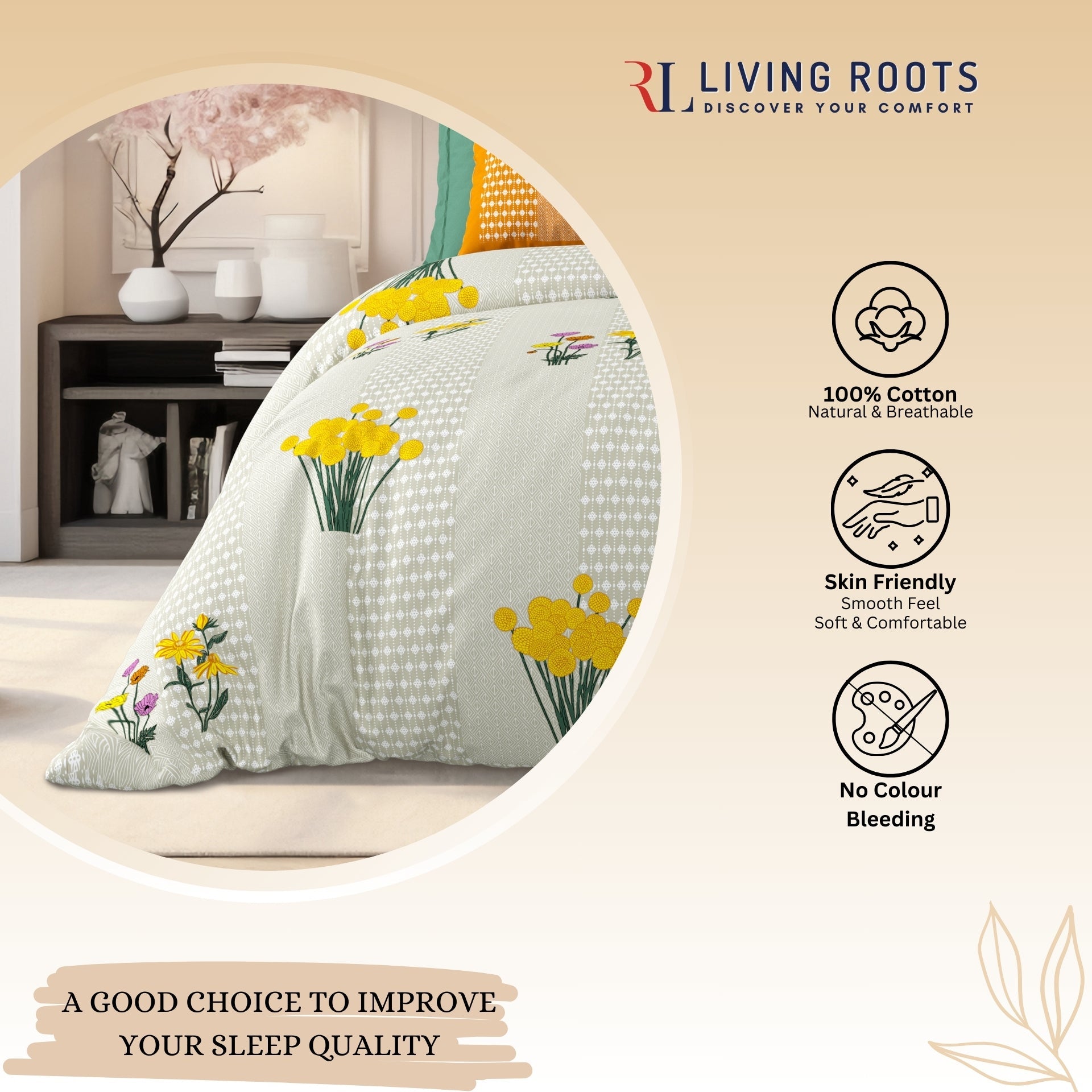 LIVING ROOTS Jaipuri Hand Block Print Super King Cotton Bedsheet 104*104 inches (8.6*8.6 feet) With 2 Pillow Cover | 240 TC | Rich Fast Colour With No Colour Bleeding | (522-B) (Brown)