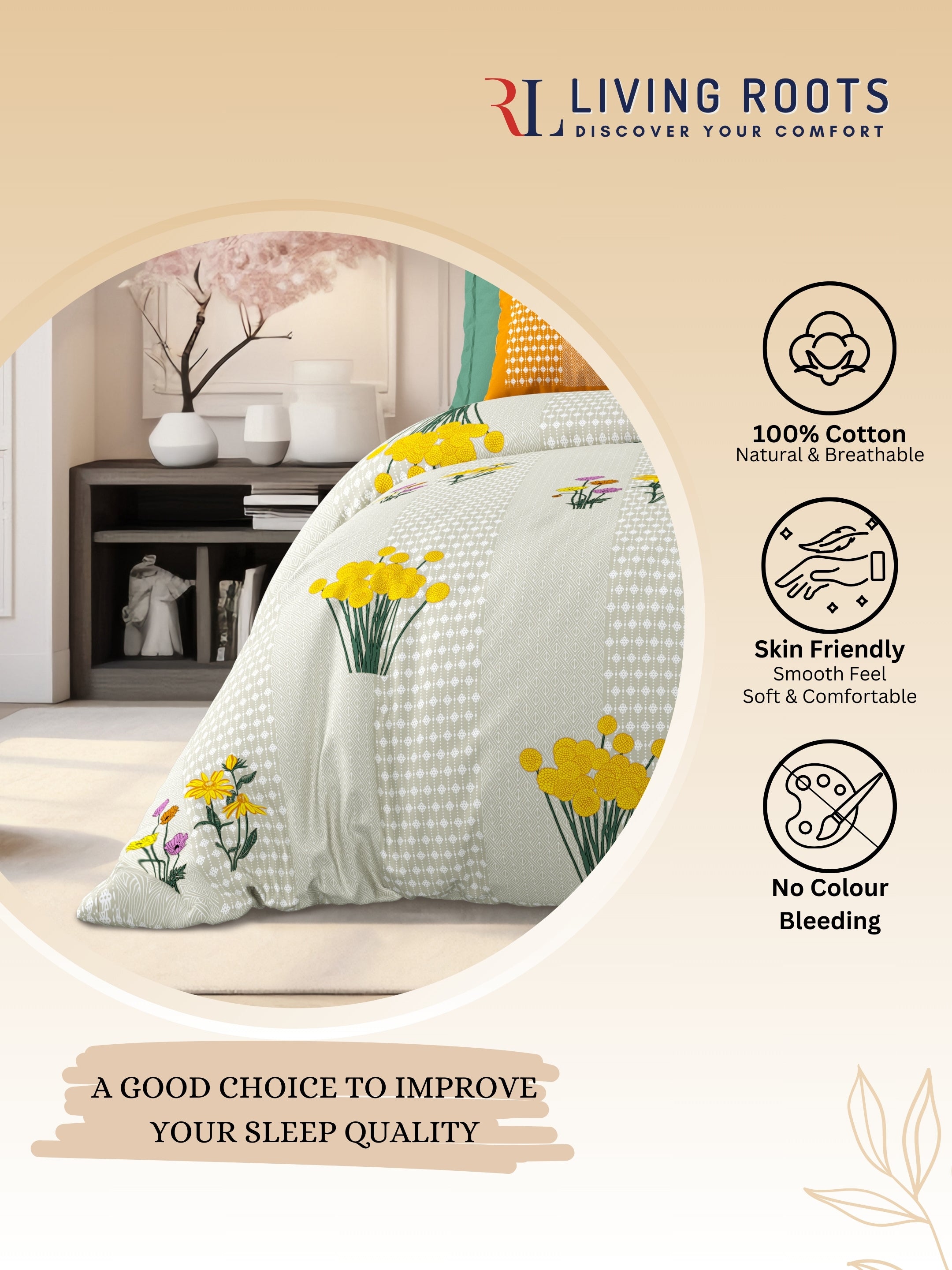LIVING ROOTS Jaipuri Hand Block Print Super King Cotton Bedsheet 104*104 inches (8.6*8.6 feet) With 2 Pillow Cover | 240 TC | Rich Fast Colour With No Colour Bleeding | (522-B) (Brown)