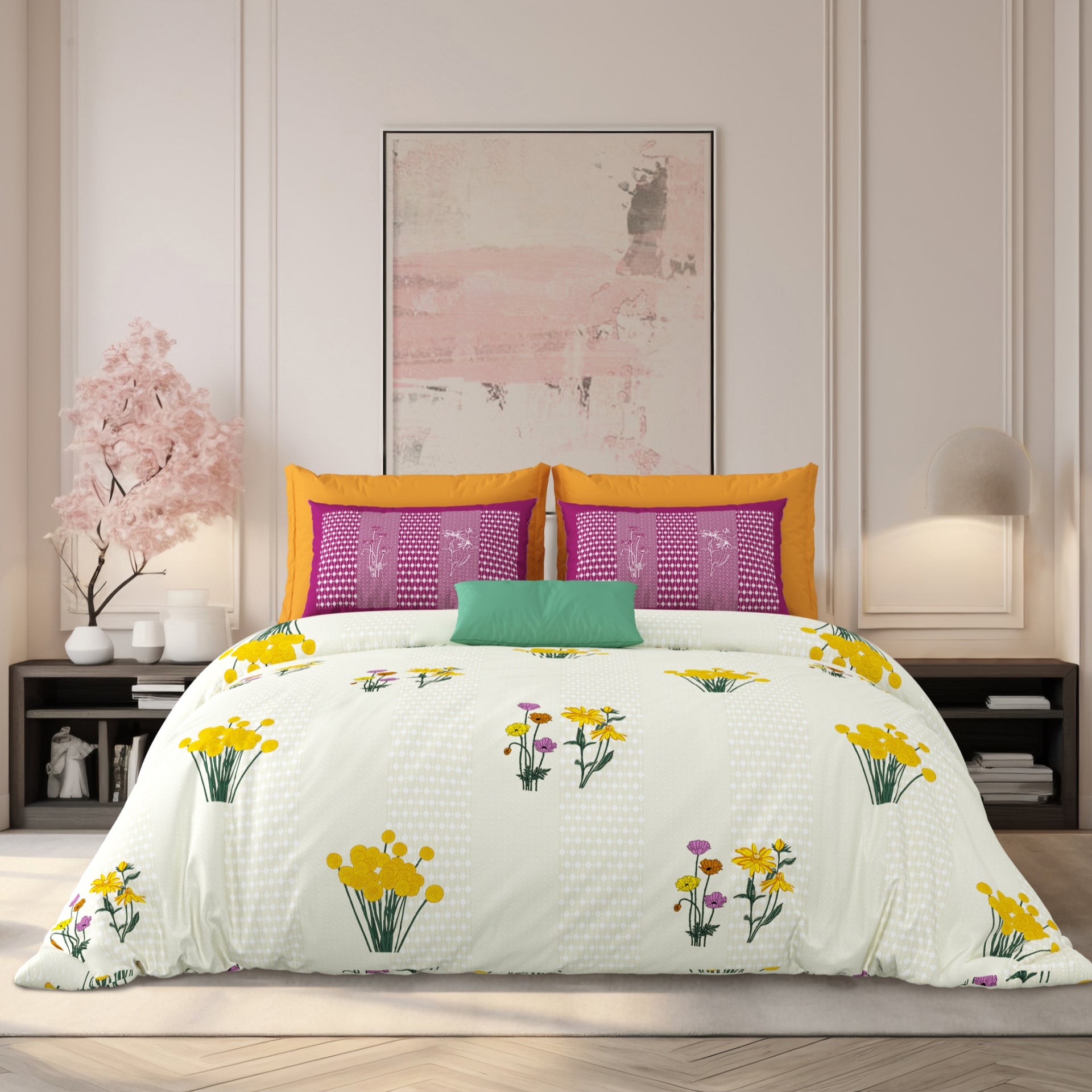 LIVING ROOTS Jaipuri Hand Block Print Super King Cotton Bedsheet 104*104 inches (8.6*8.6 feet) With 2 Pillow Cover | 240 TC | Rich Fast Colour With No Colour Bleeding | (522-C) (Cream)