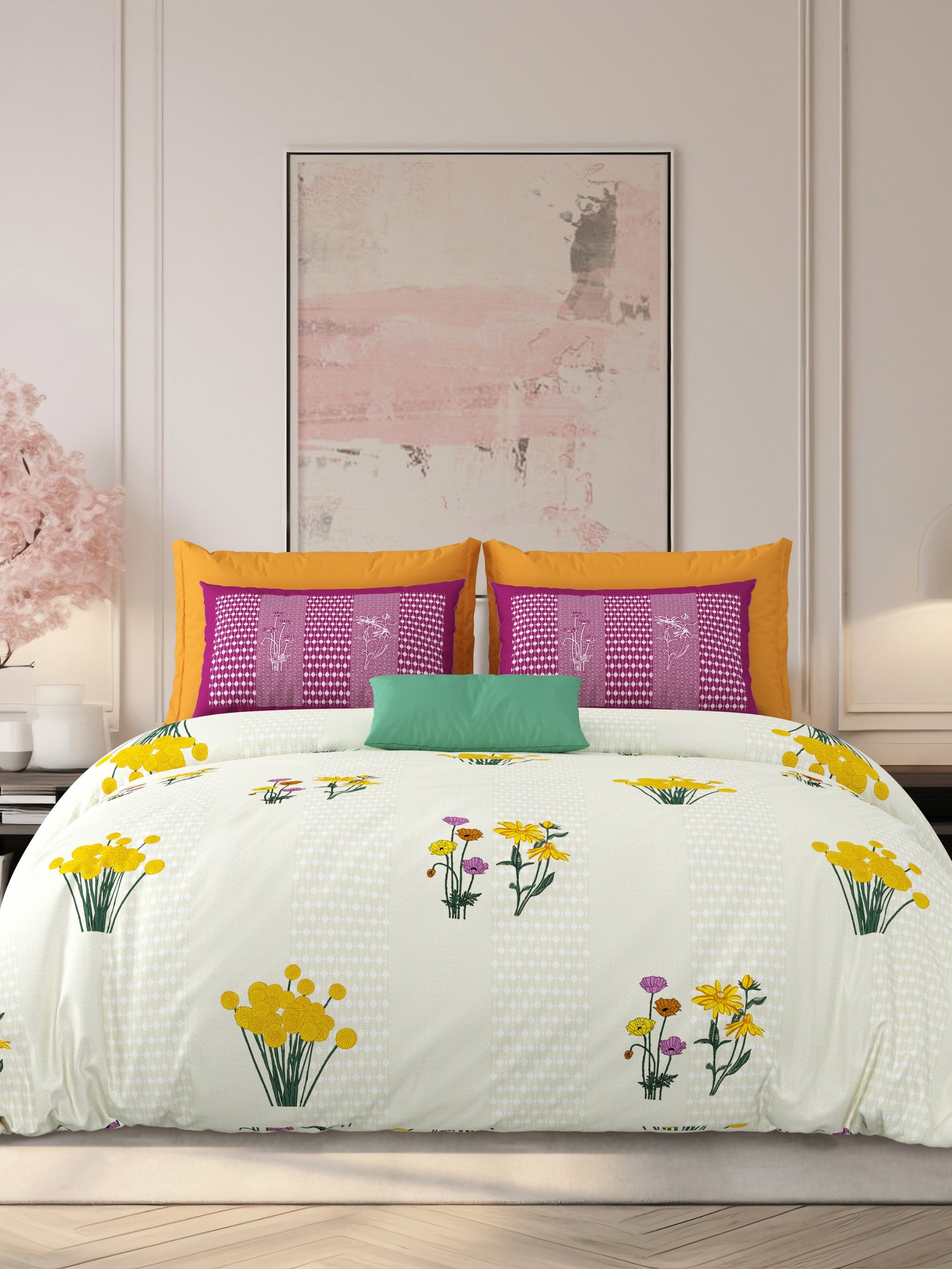 LIVING ROOTS Jaipuri Hand Block Print Super King Cotton Bedsheet 104*104 inches (8.6*8.6 feet) With 2 Pillow Cover | 240 TC | Rich Fast Colour With No Colour Bleeding | (522-C) (Cream)