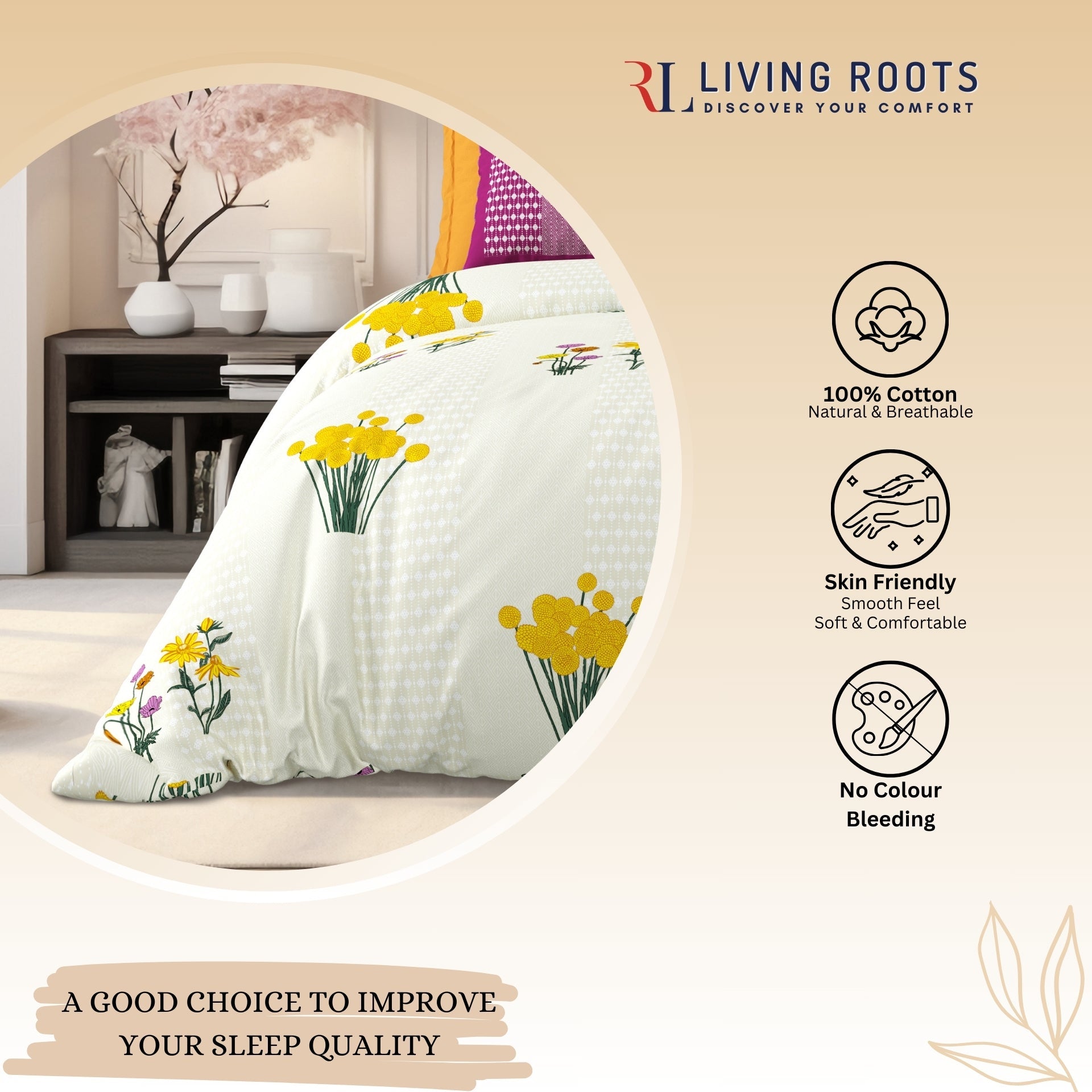 LIVING ROOTS Jaipuri Hand Block Print Super King Cotton Bedsheet 104*104 inches (8.6*8.6 feet) With 2 Pillow Cover | 240 TC | Rich Fast Colour With No Colour Bleeding | (522-C) (Cream)