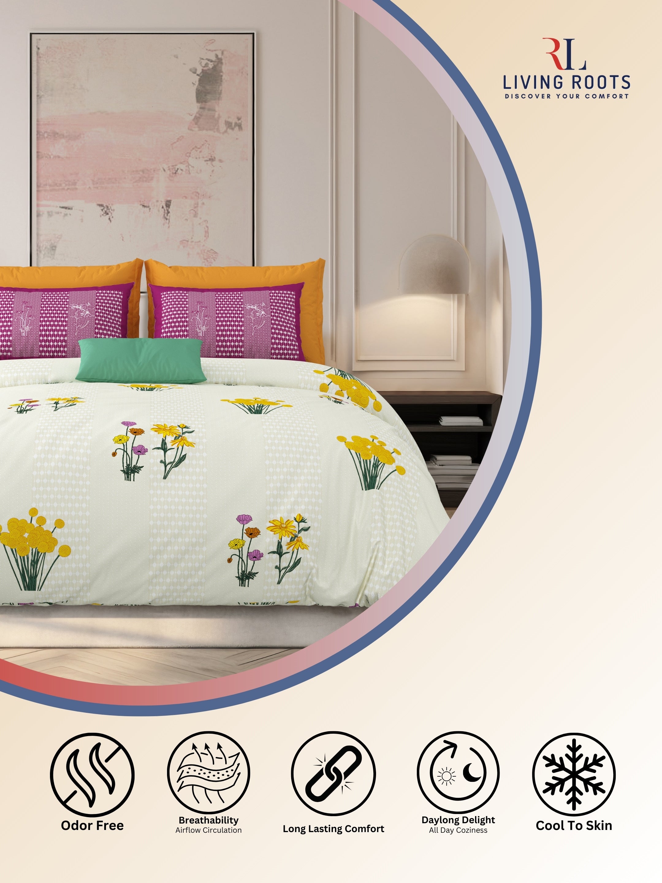 LIVING ROOTS Jaipuri Hand Block Print Super King Cotton Bedsheet 104*104 inches (8.6*8.6 feet) With 2 Pillow Cover | 240 TC | Rich Fast Colour With No Colour Bleeding | (522-C) (Cream)