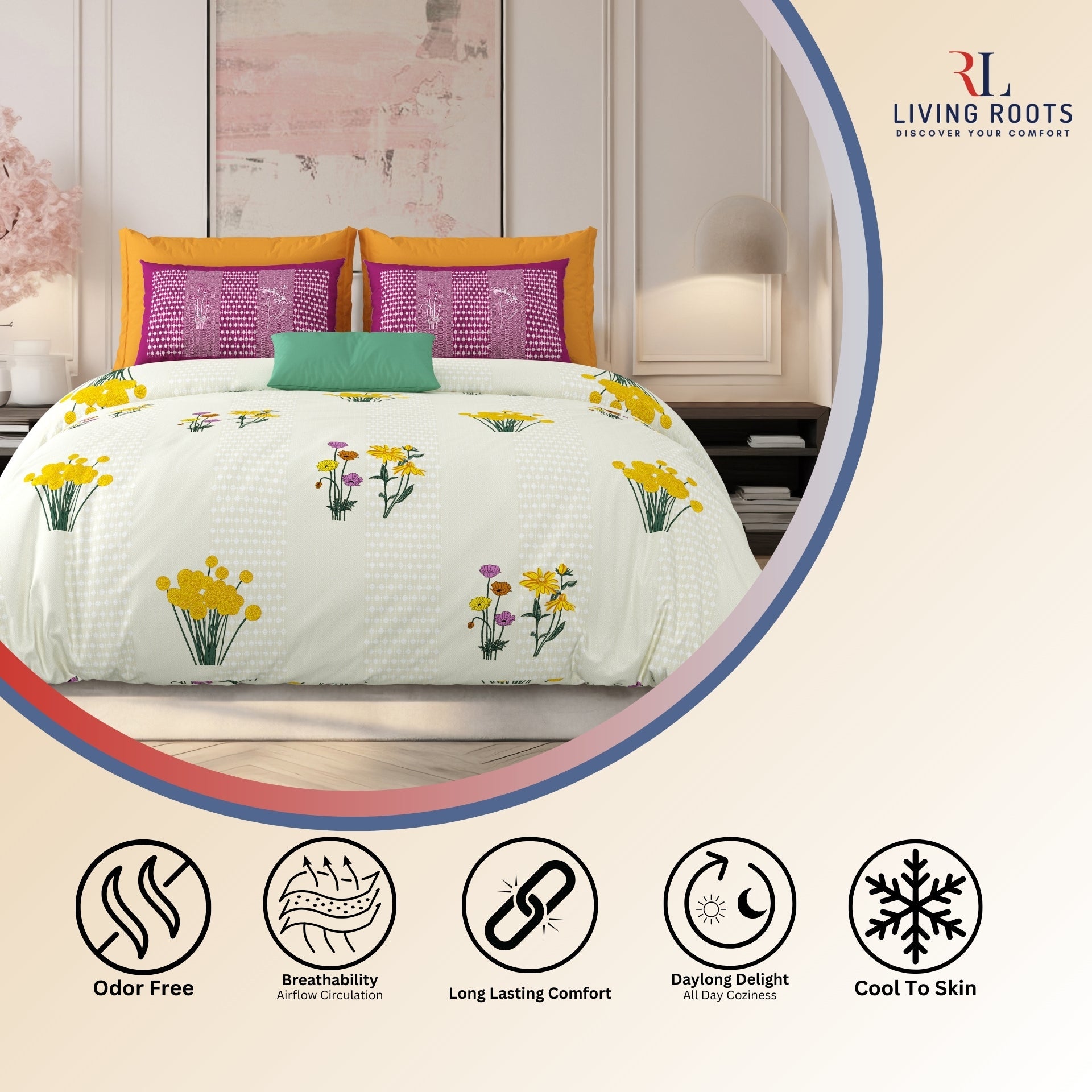 LIVING ROOTS Jaipuri Hand Block Print Super King Cotton Bedsheet 104*104 inches (8.6*8.6 feet) With 2 Pillow Cover | 240 TC | Rich Fast Colour With No Colour Bleeding | (522-C) (Cream)