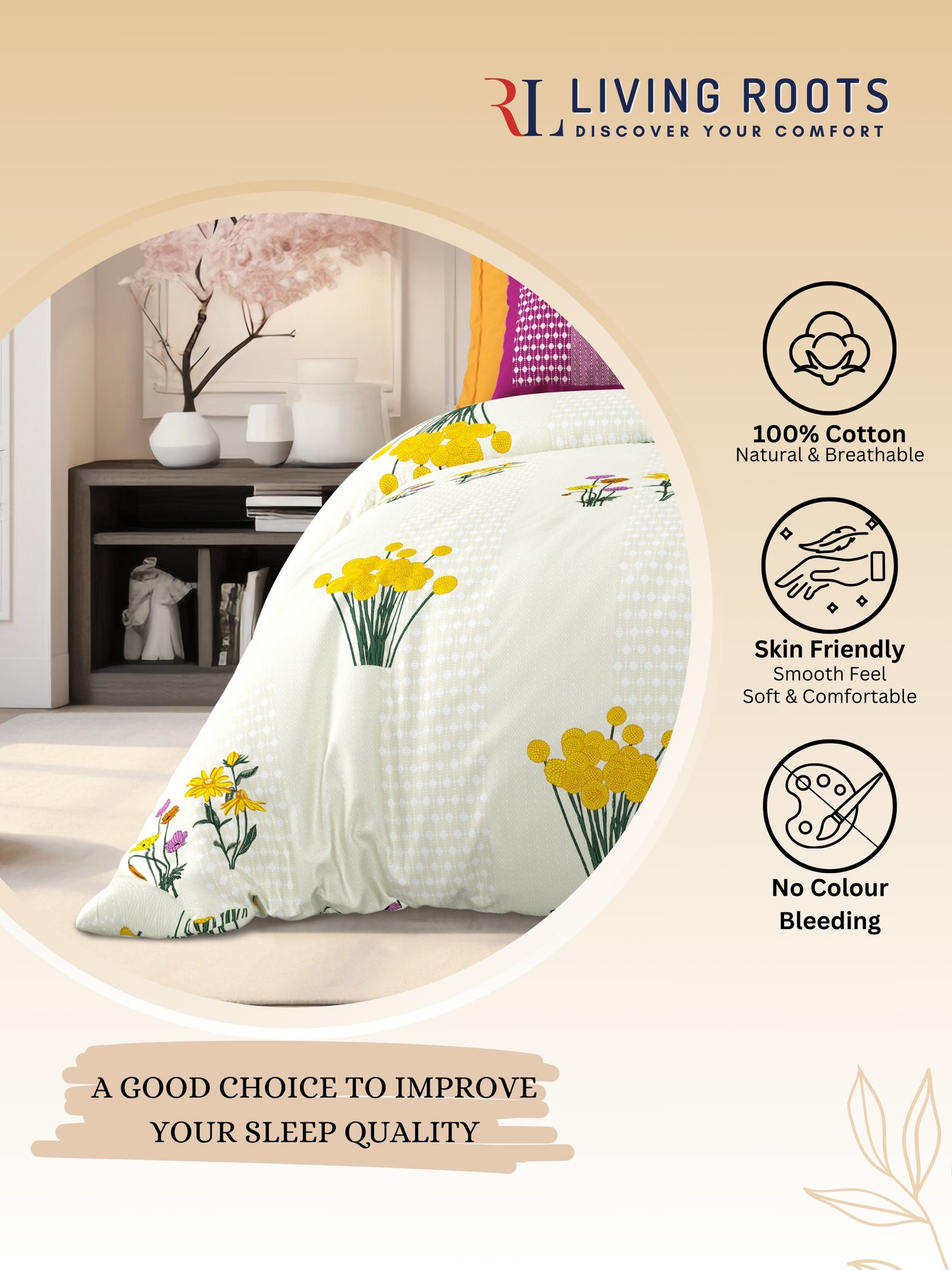 LIVING ROOTS Pure Cotton 1 Super King Size Bedsheet 104*104 inches (8.6*8.6 feet ) with 2 Pillow Cover | Rich Fast Colour with No Colour Bleeding | Soft & Skin Friendly (01-31-522-C)