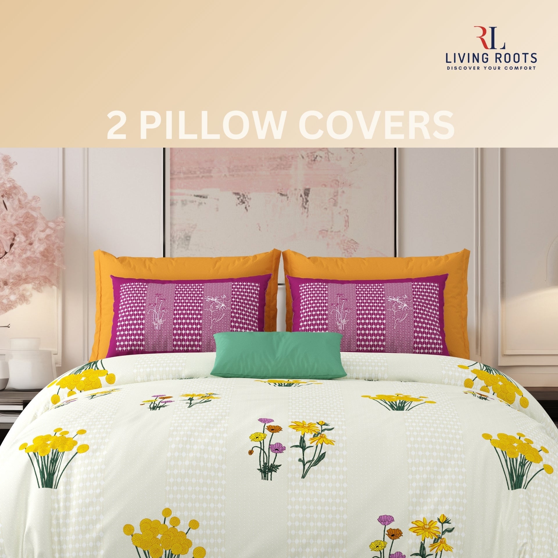 LIVING ROOTS Jaipuri Hand Block Print Super King Cotton Bedsheet 104*104 inches (8.6*8.6 feet) With 2 Pillow Cover | 240 TC | Rich Fast Colour With No Colour Bleeding | (522-C) (Cream)