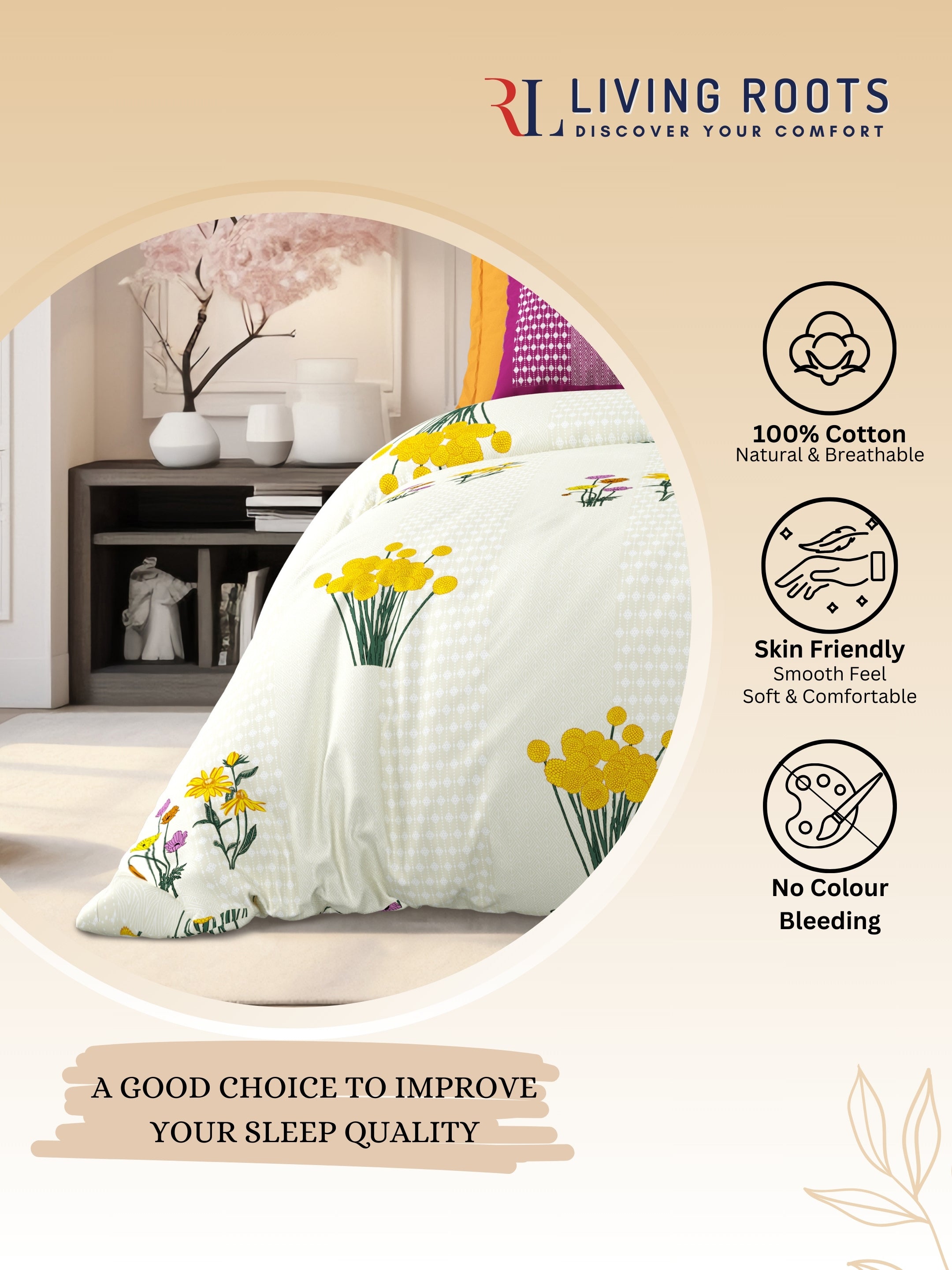 LIVING ROOTS Jaipuri Hand Block Print Super King Cotton Bedsheet 104*104 inches (8.6*8.6 feet) With 2 Pillow Cover | 240 TC | Rich Fast Colour With No Colour Bleeding | (522-C) (Cream)