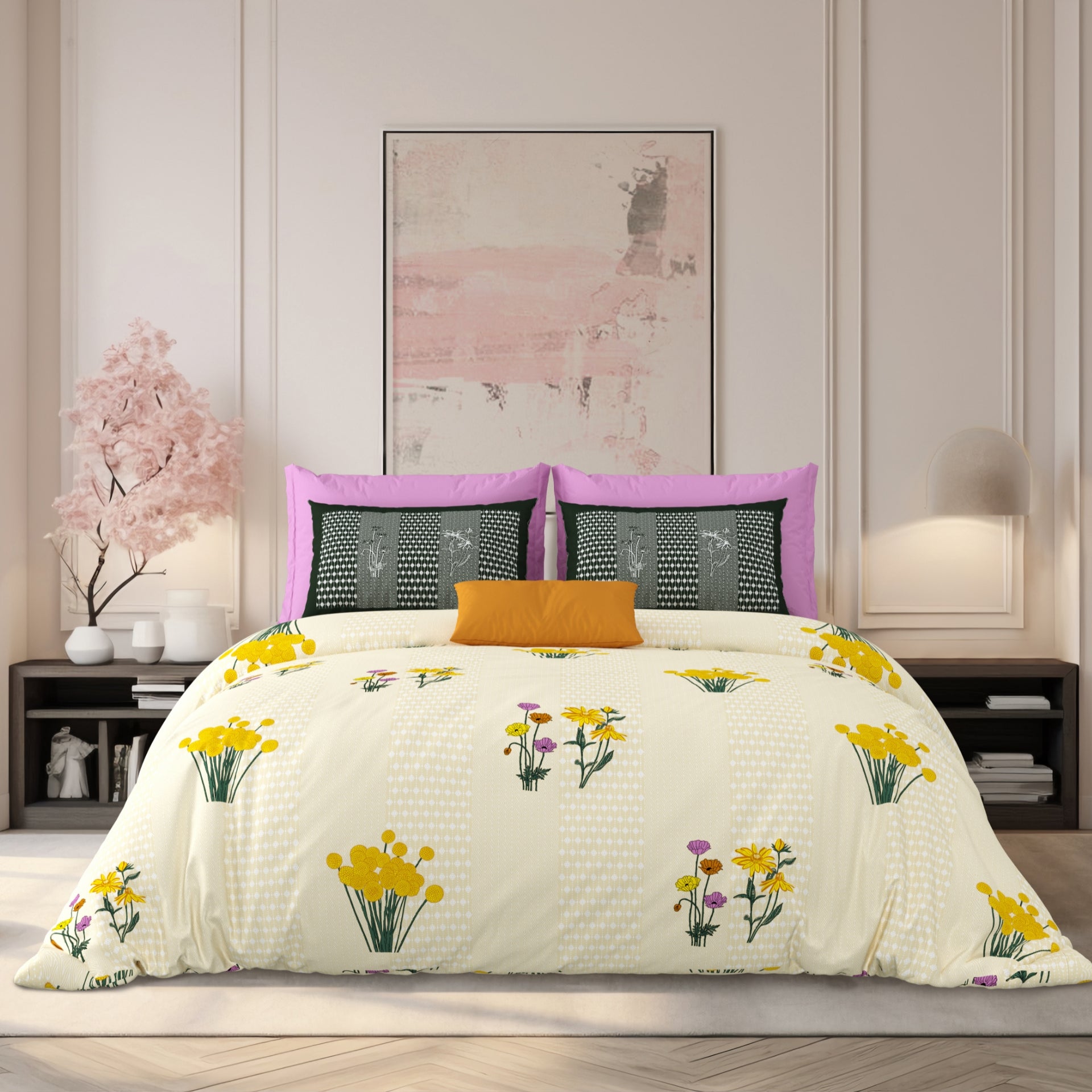 LIVING ROOTS Jaipuri Hand Block Print Super King Cotton Bedsheet 104*104 inches (8.6*8.6 feet) With 2 Pillow Cover | 240 TC | Rich Fast Colour With No Colour Bleeding | (522-D) (Yellow)