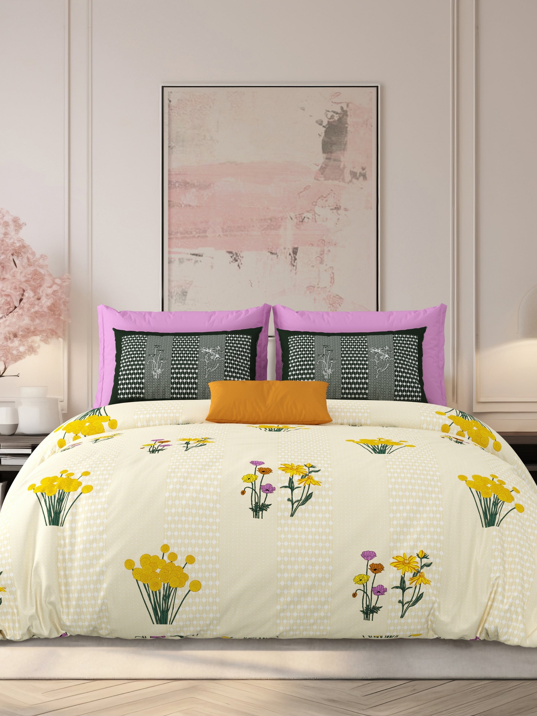 LIVING ROOTS Jaipuri Hand Block Print Super King Cotton Bedsheet 104*104 inches (8.6*8.6 feet) With 2 Pillow Cover | 240 TC | Rich Fast Colour With No Colour Bleeding | (522-D) (Yellow)