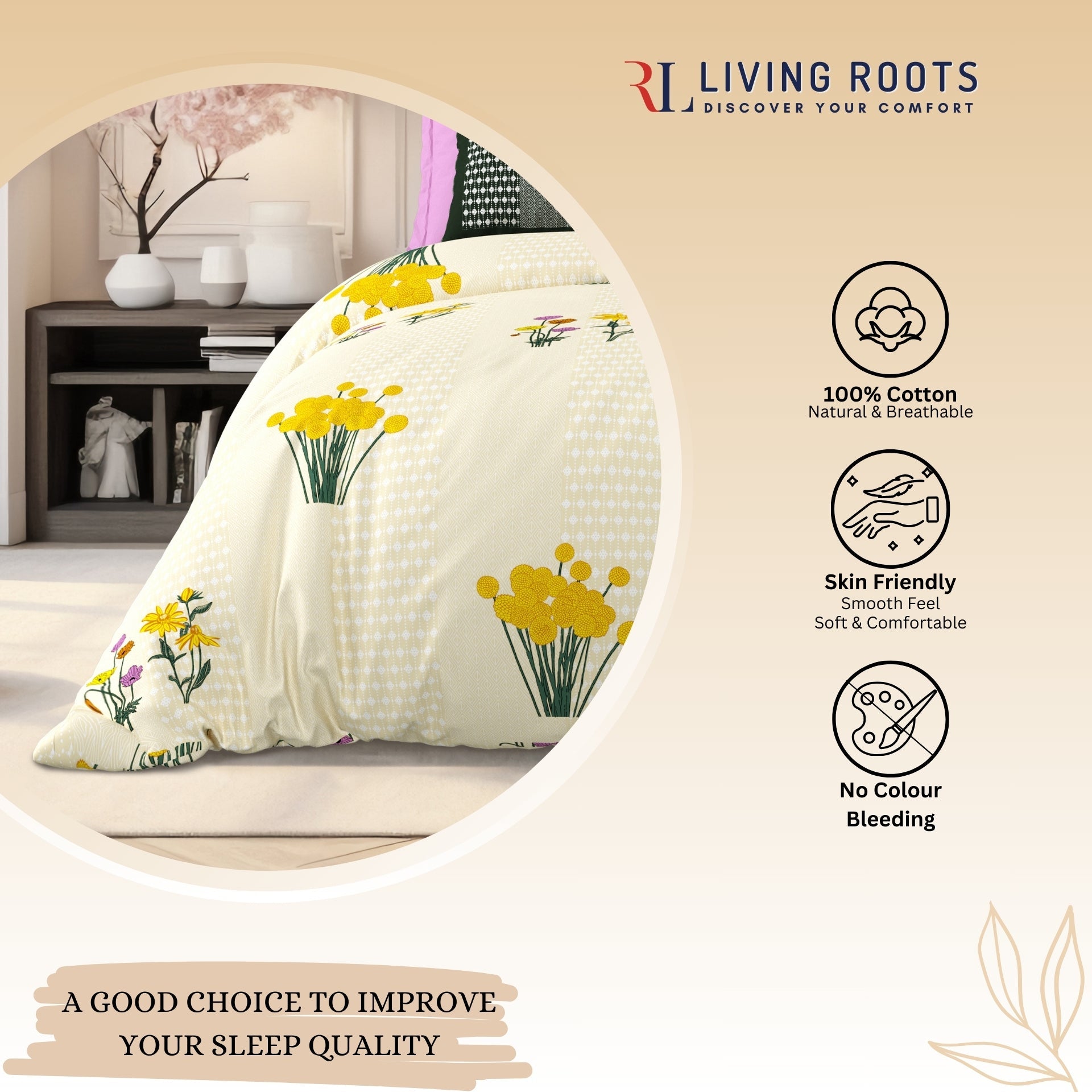 LIVING ROOTS Jaipuri Hand Block Print Super King Cotton Bedsheet 104*104 inches (8.6*8.6 feet) With 2 Pillow Cover | 240 TC | Rich Fast Colour With No Colour Bleeding | (522-D) (Yellow)